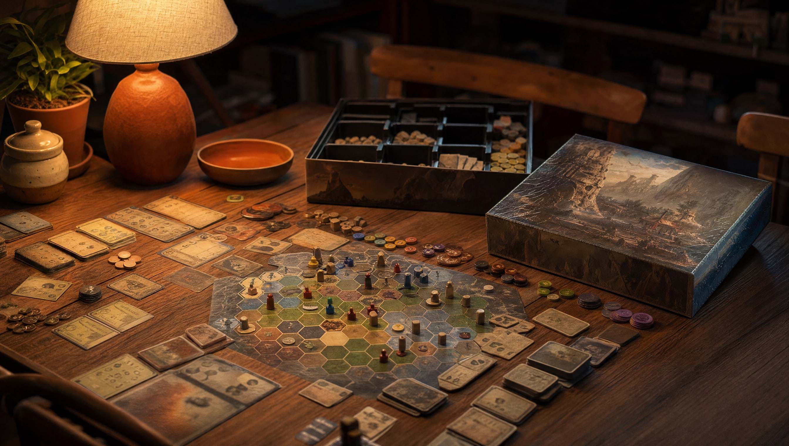 A game fully unpacked across a warm wood table under a lamp, its box open beside it with the moulded tray still in the base and the lid leaning alongside.