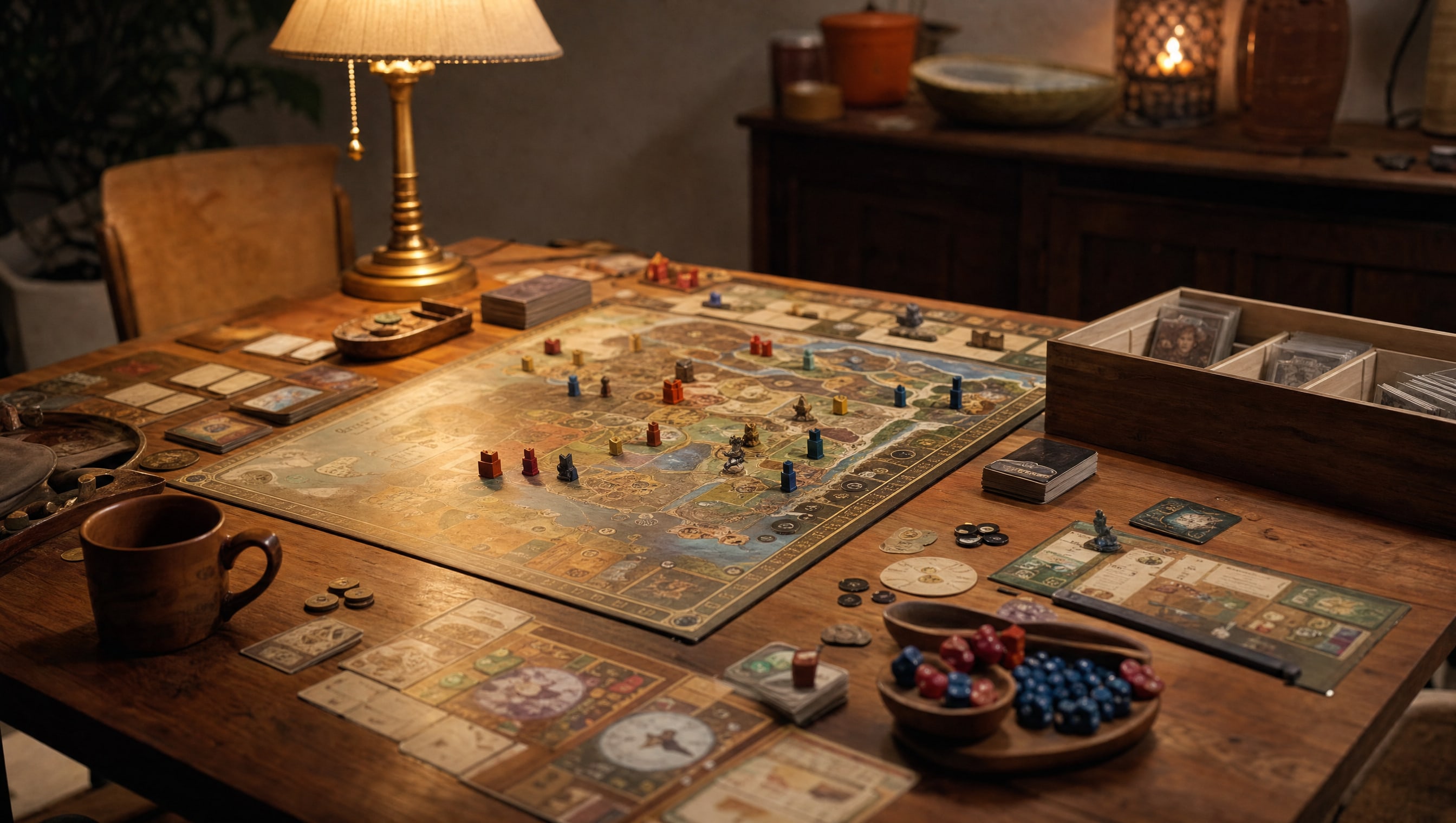 A long table mid-game under a brass lamp, a wooden tray of sleeved decks standing at its right edge beside two bowls of dice.