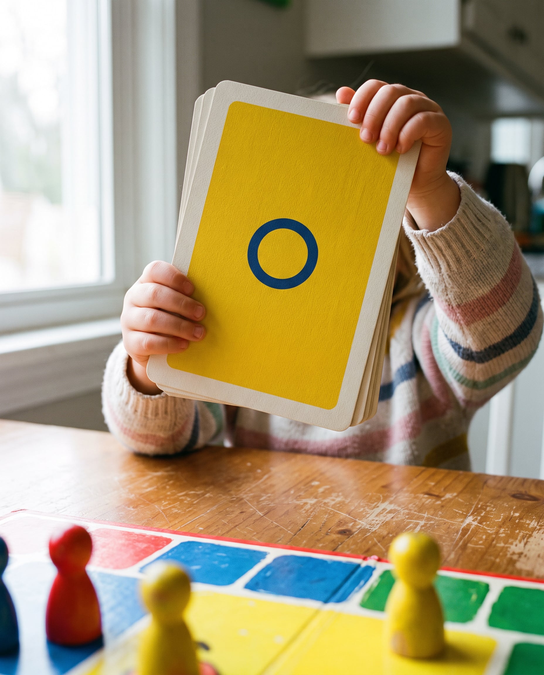 A small child holding up one oversized bright card in both hands, with a colourful board and fat wooden pawns out of focus on the table below.