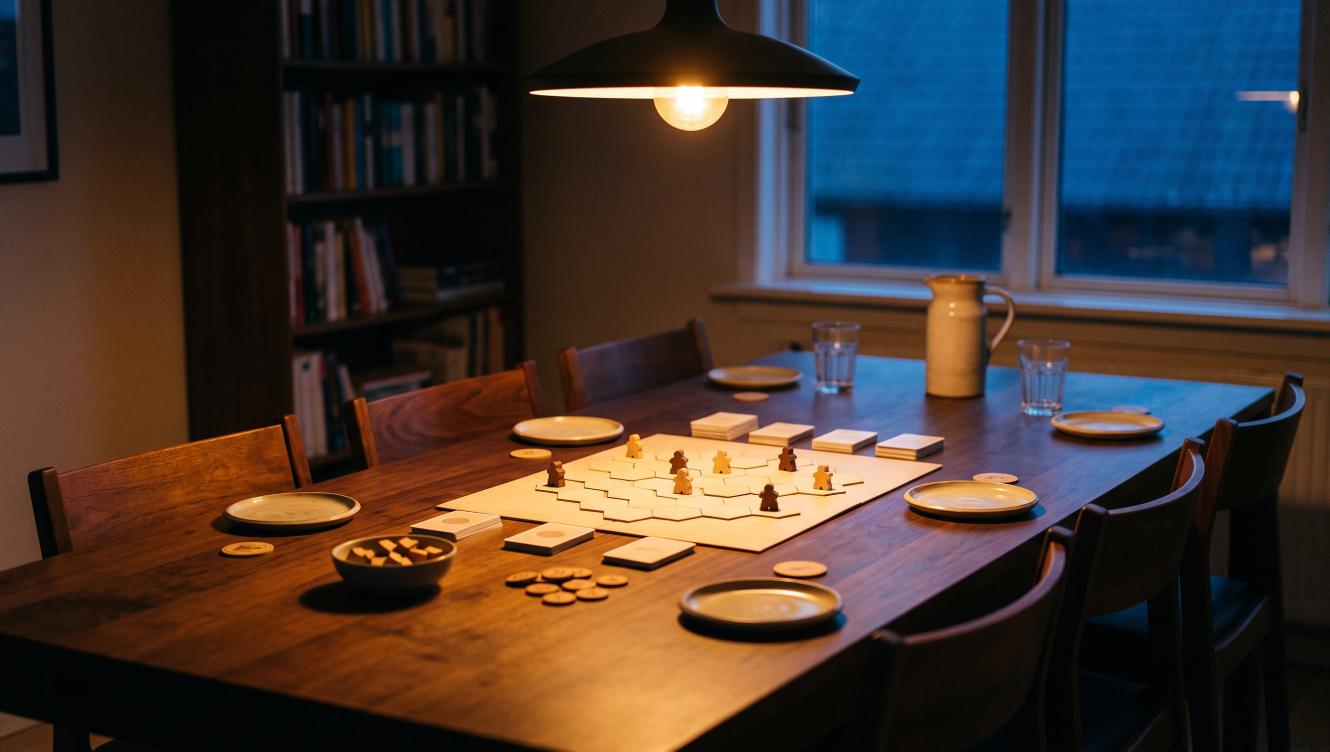 A long walnut dining table at dusk with six chairs pulled right in around it, a board mid-game in the reachable middle under a low pendant lamp, a plate and a glass set at every place, and the window behind gone deep blue.