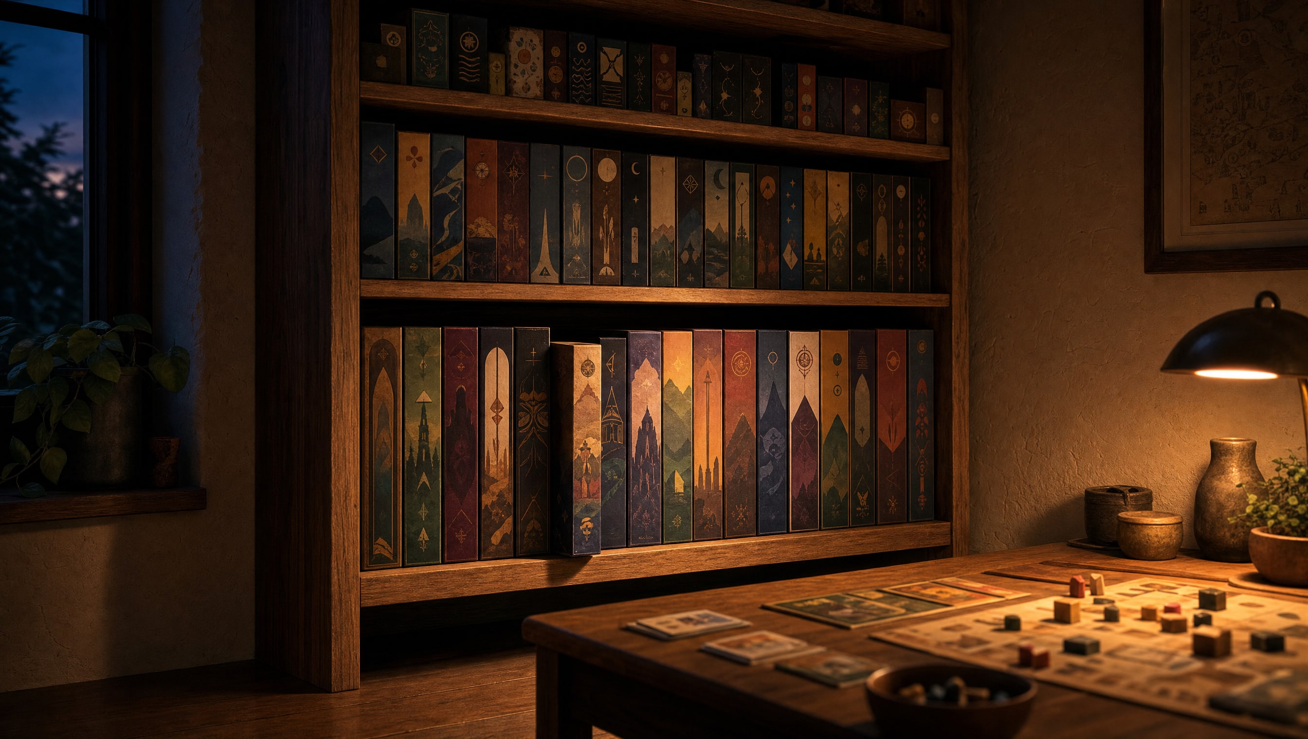 A tall shelving unit against a wall under a low lamp, board game boxes standing on their spines, the bottom shelf lifted clear of the floor on a plinth.