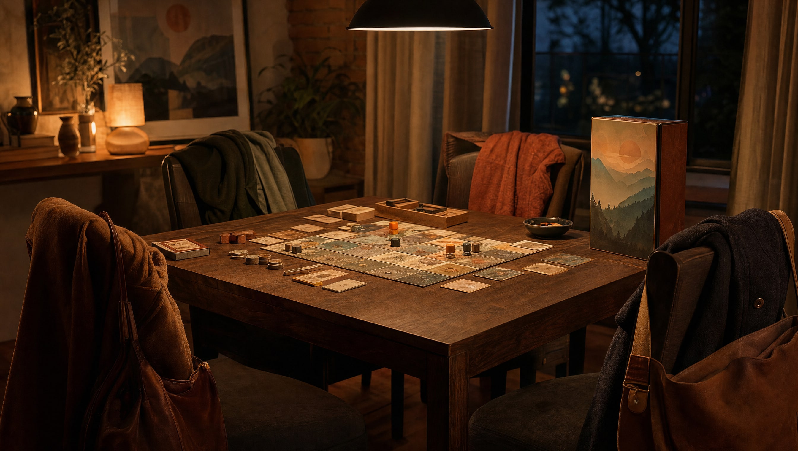 The same table with four chairs now pulled in and occupied only by coats and bags, the first game part-dealt in the reachable middle, a second unopened box stood on end at the edge of the wood waiting its turn, under a low tungsten lamp.
