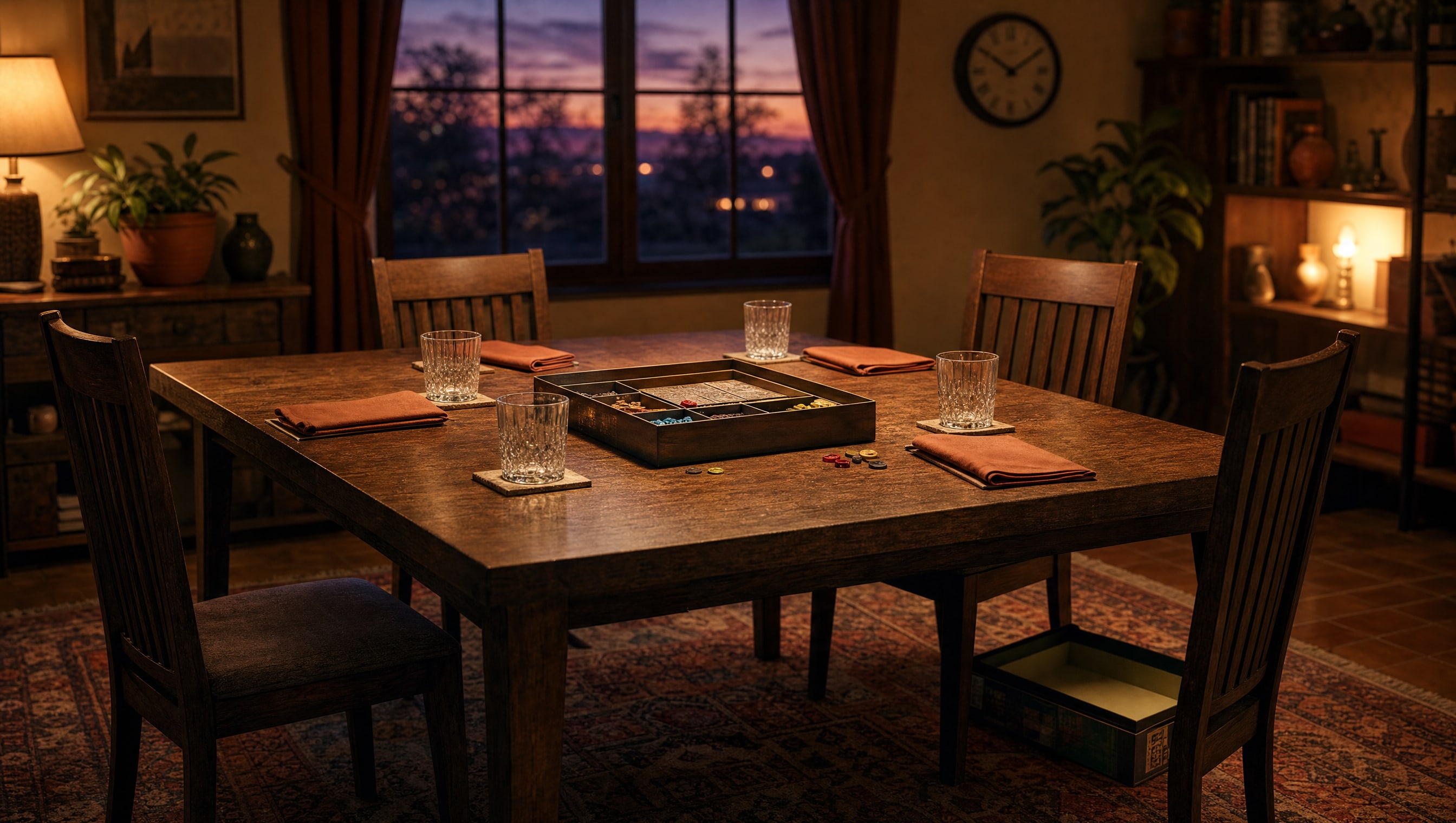An empty dining table twenty minutes before guests arrive: four chairs squared up under a low lamp, four glasses and a folded napkin at each place, one game box open in the middle with its lid on the floor beside the table leg, and a wall clock soft in the background against a dusk window.