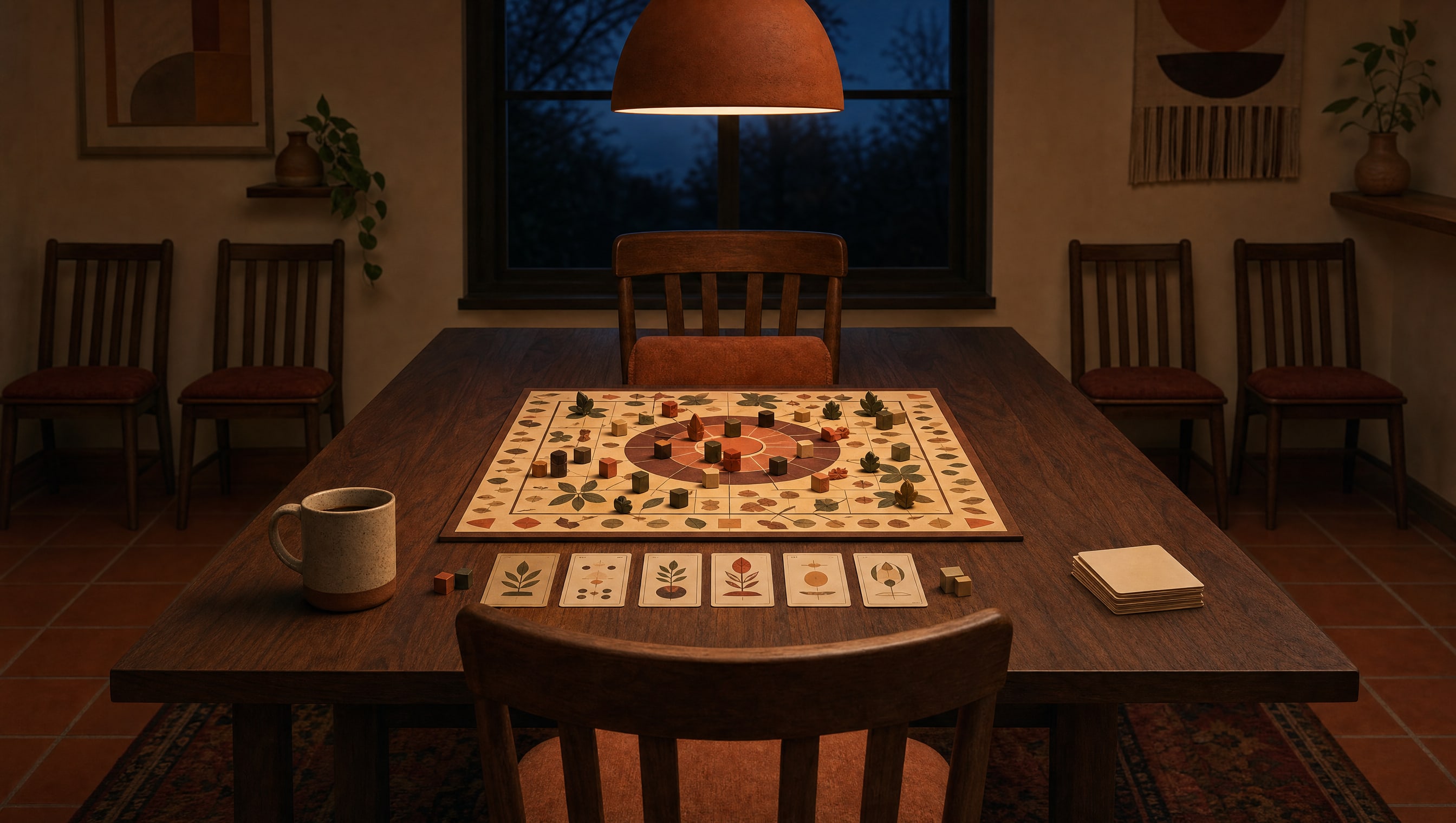 A long walnut dining table set for exactly two, one chair drawn in at the middle of each long side facing the other and the remaining four pushed away empty against the wall, a board game open across the wide middle of the wood with wooden cubes and a small card row, a mug at one near corner and a stack of blank cards at the other, under a low pendant lamp with a deep blue window behind.