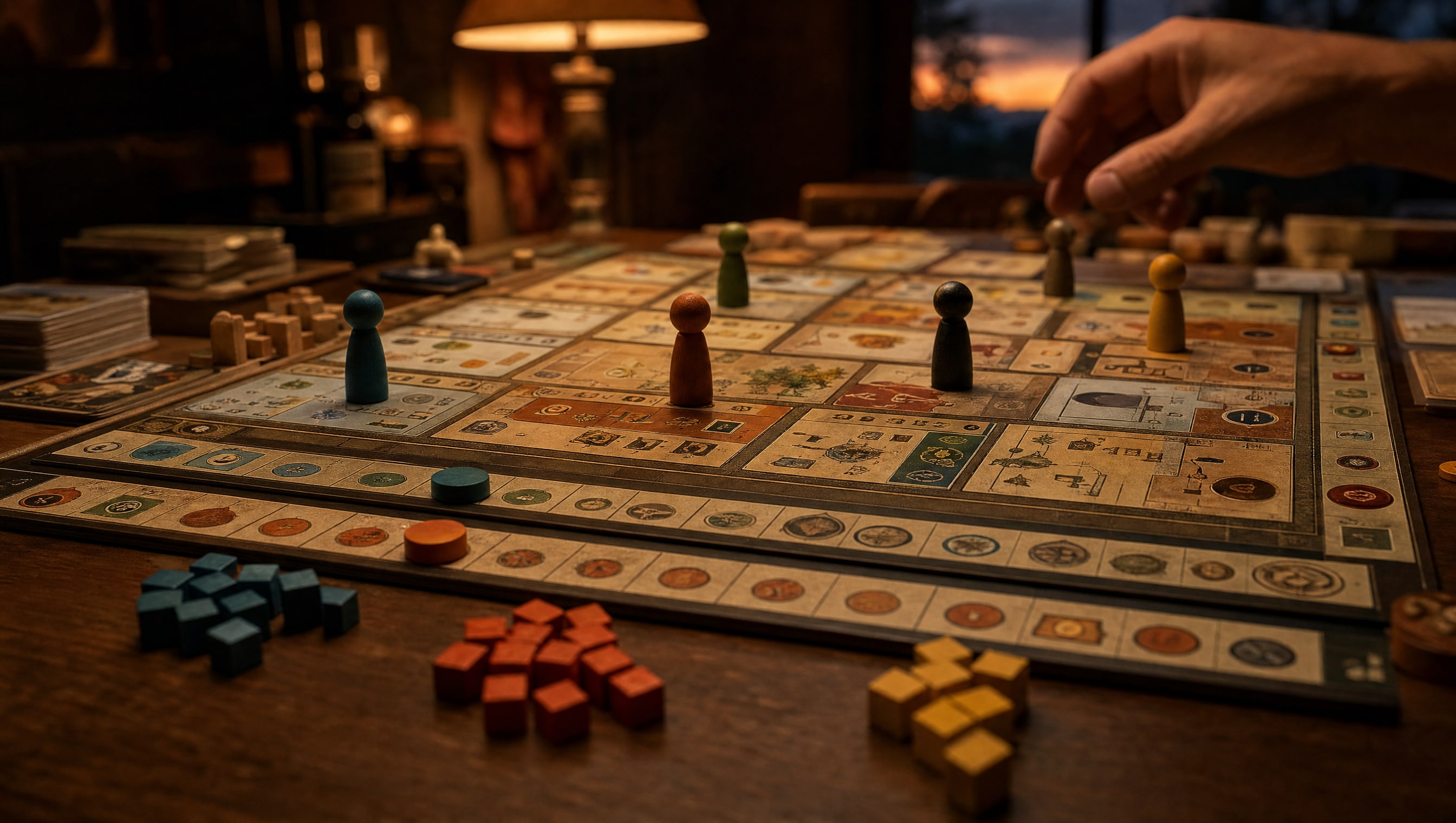 An invented heavy euro seen low across the table mid-game: worker pawns standing in a grid of printed action spaces, two scoring tracks along the near edge with markers at different points, and loose wooden cubes grouped beside them.