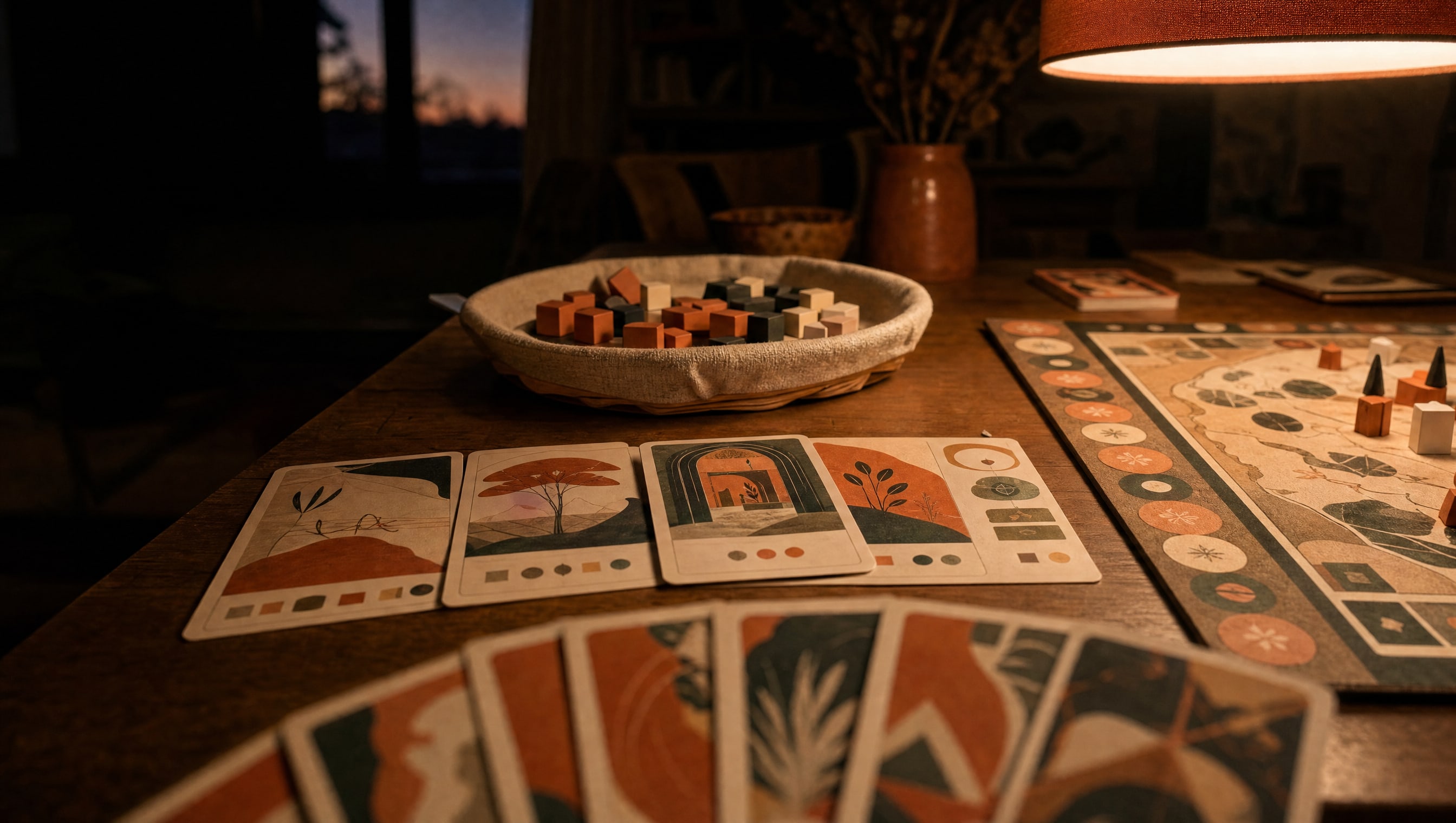 One player’s position seen low across the table mid-game: a fan of invented cards nearest the lens, a row of face-up cards behind it, a tray of wooden cubes, and a scoring track running out of frame.