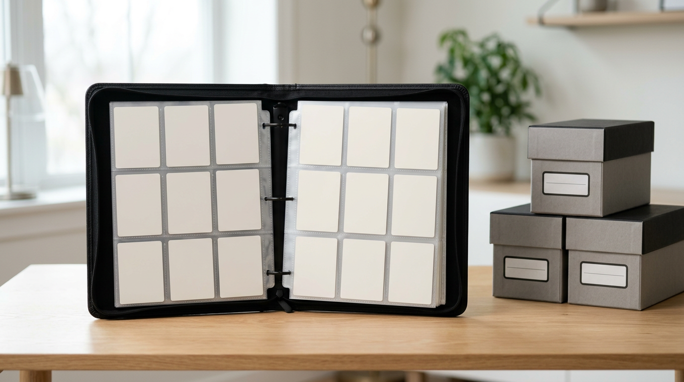 An open binder with blank cards beside storage boxes