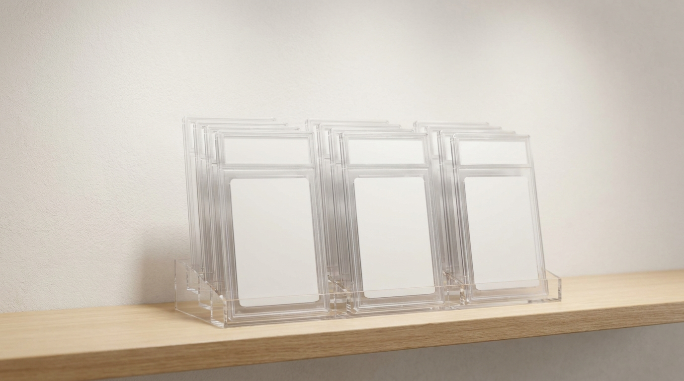 Blank graded slabs standing in an acrylic display stand