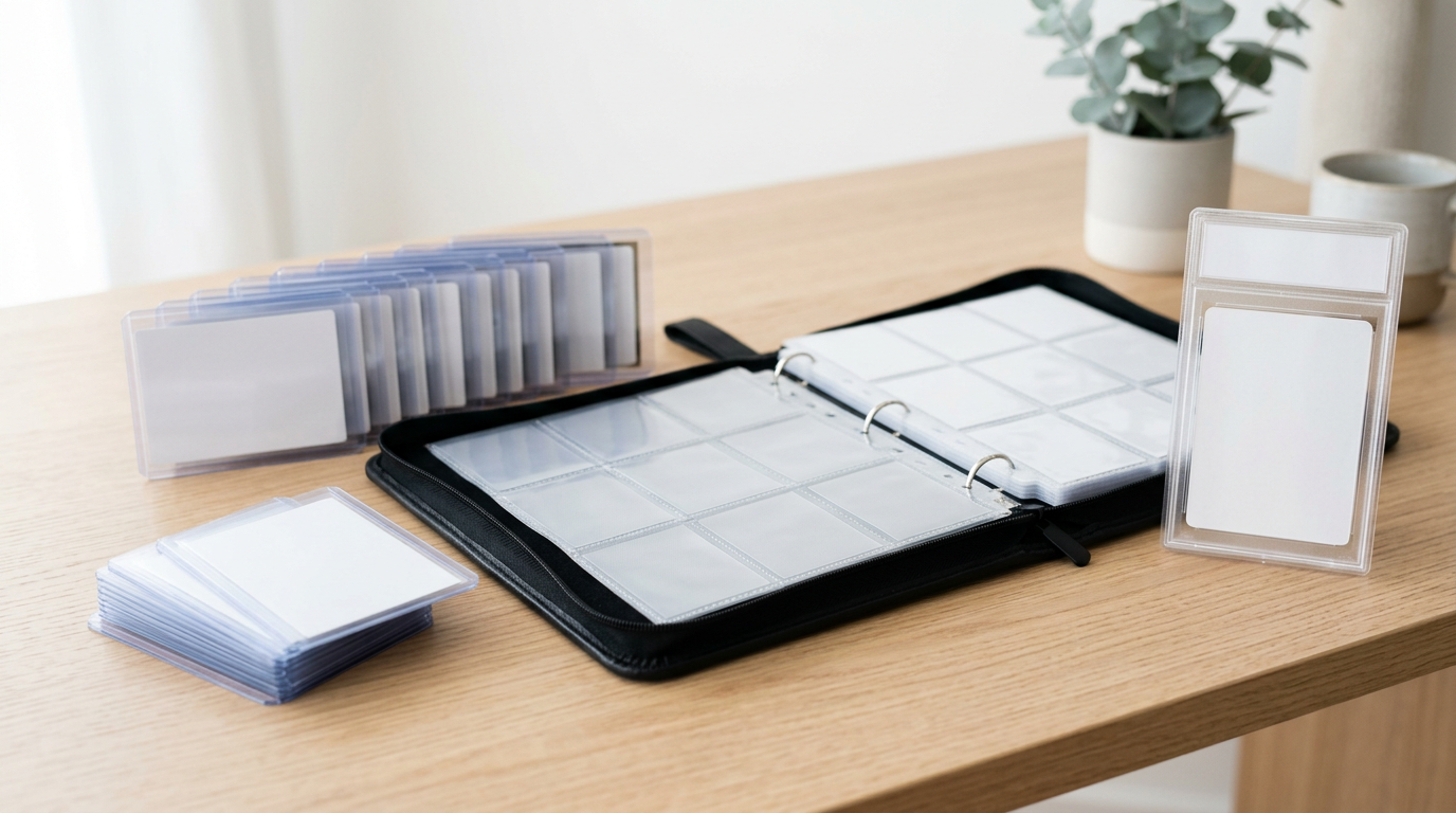Neatly organized card storage — sleeves, toploaders, a binder and a slab case on a light desk