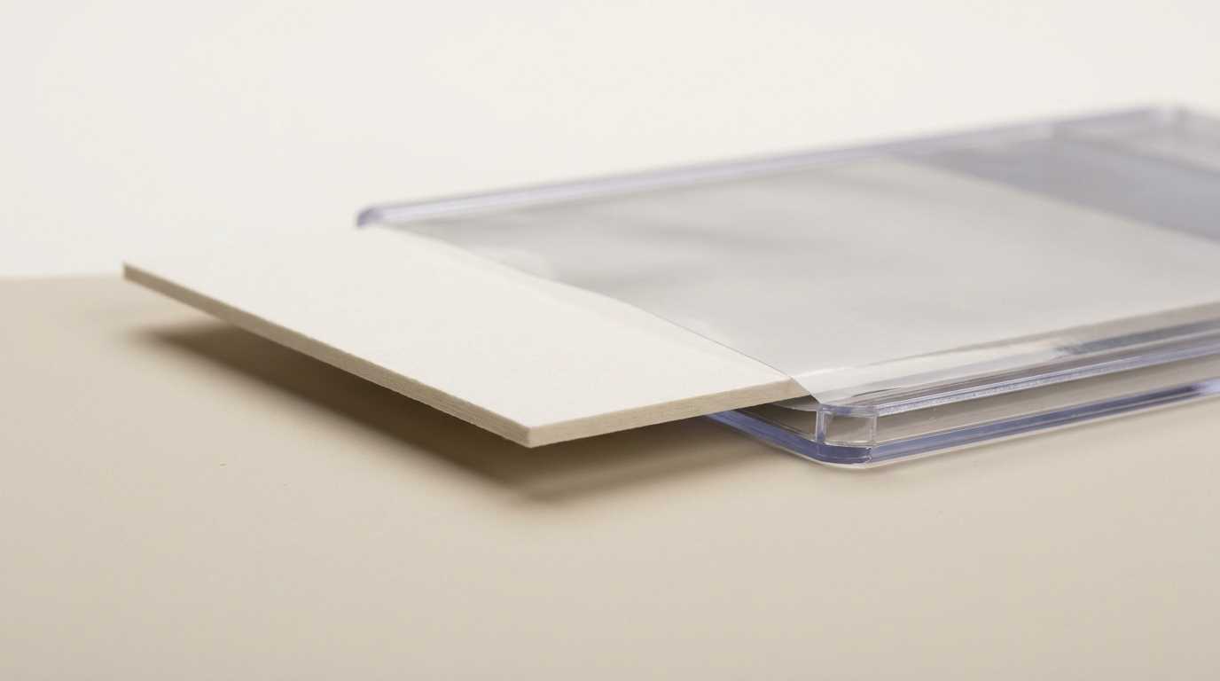 A blank card sliding into a penny sleeve and a toploader