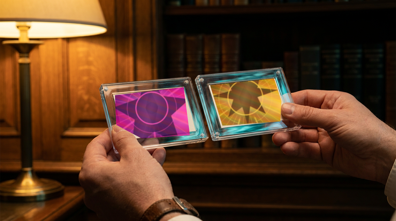 Two card holders held side by side for comparison