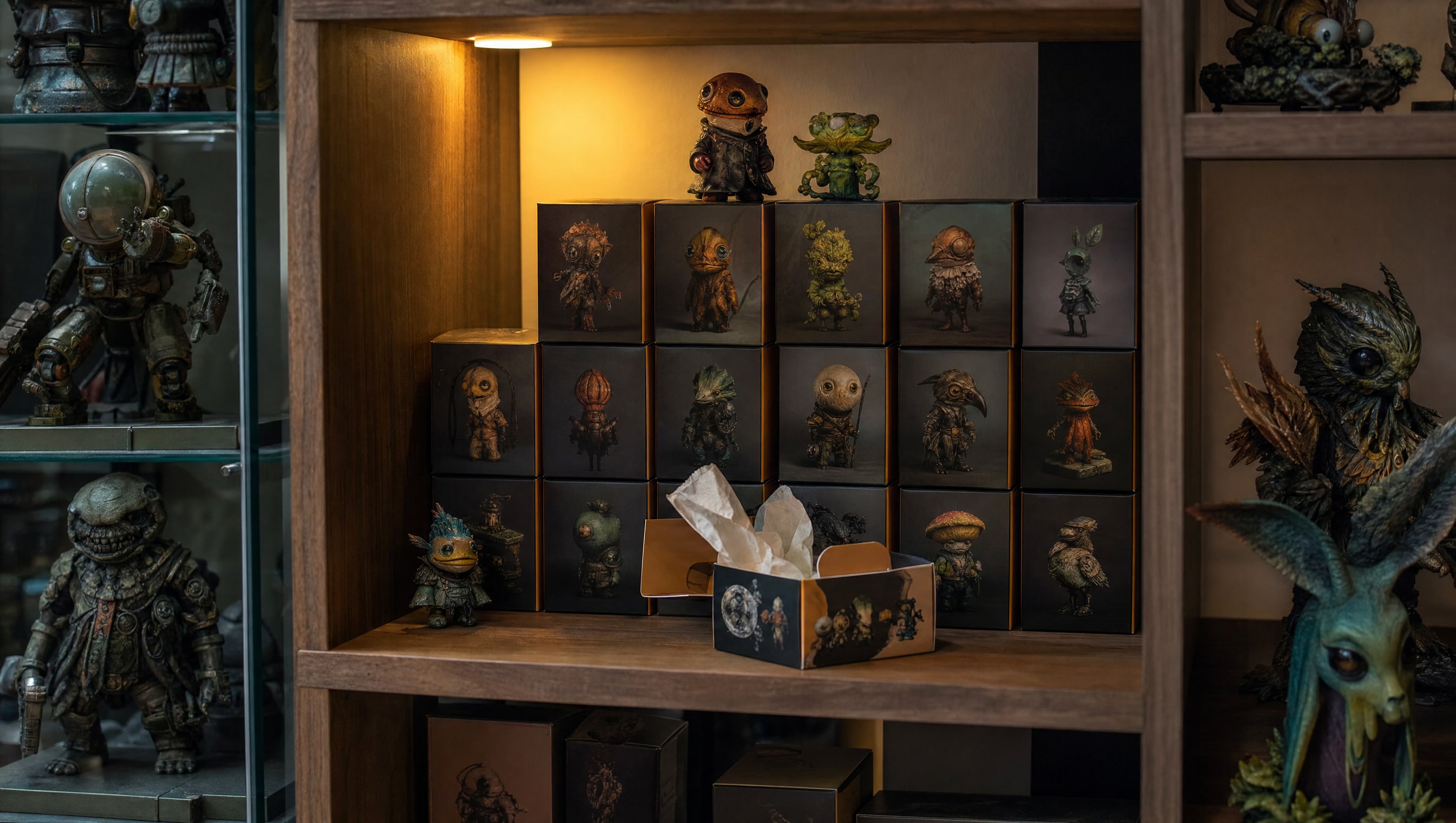 A case of sealed blind boxes stacked under warm shelf light, one box open at the front.