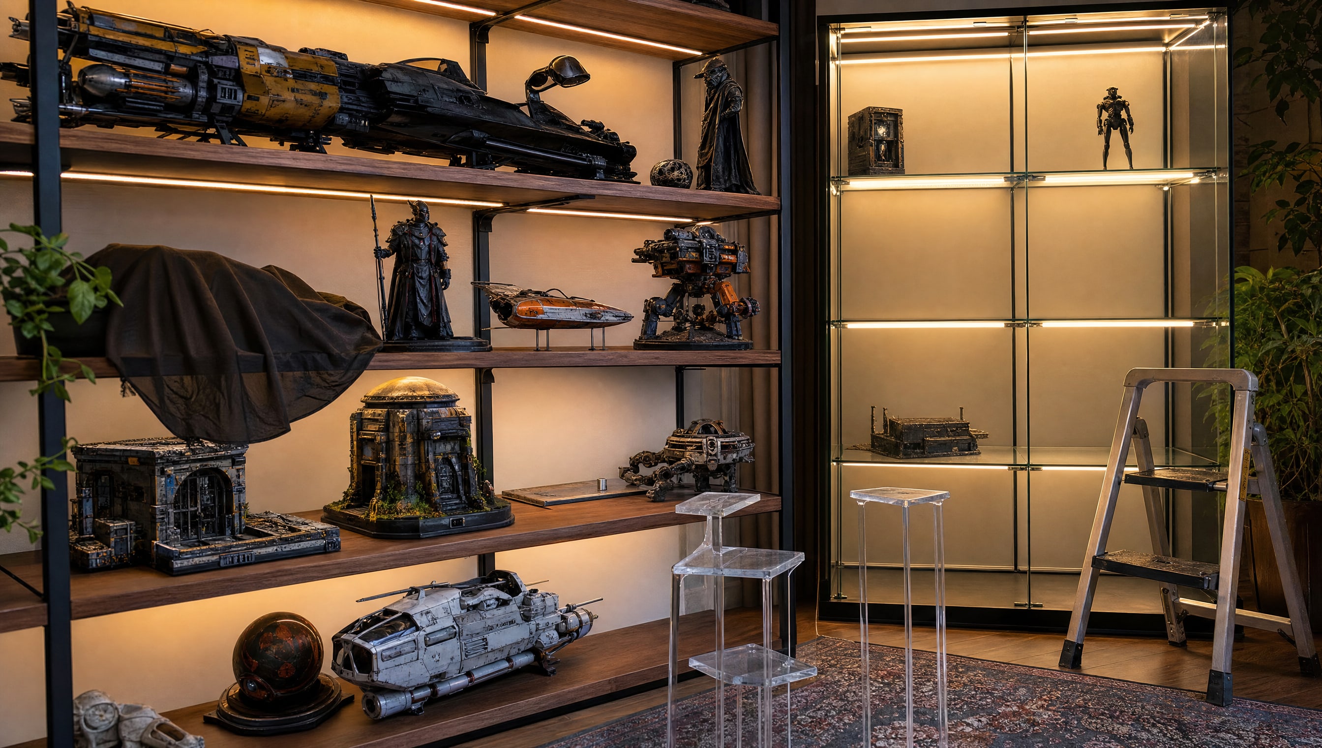 A glass display case mid-install, its LED channel lit and acrylic risers staged on the shelf.