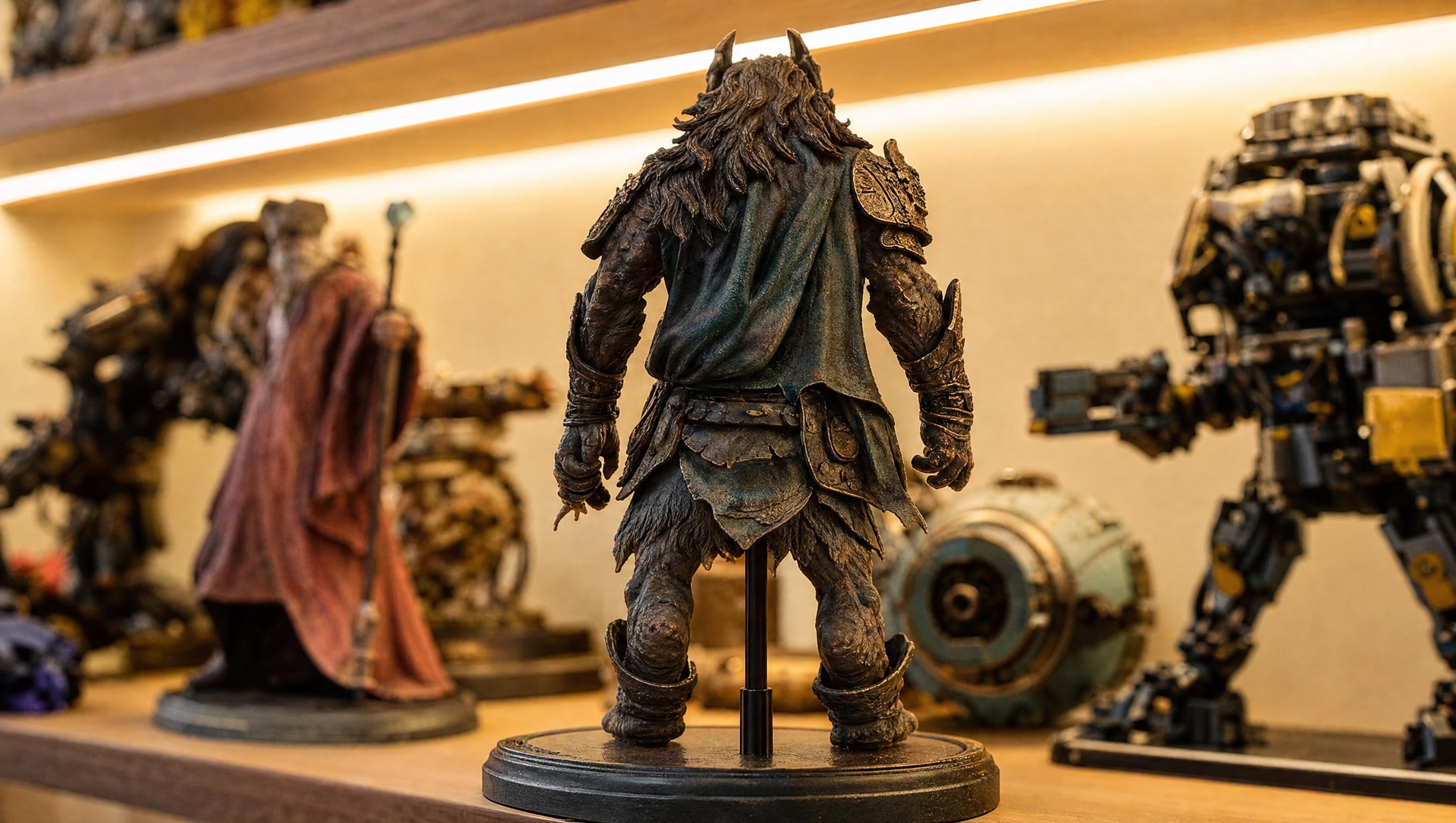 A collector figure seen close from behind, its support peg and base catching the shelf light.