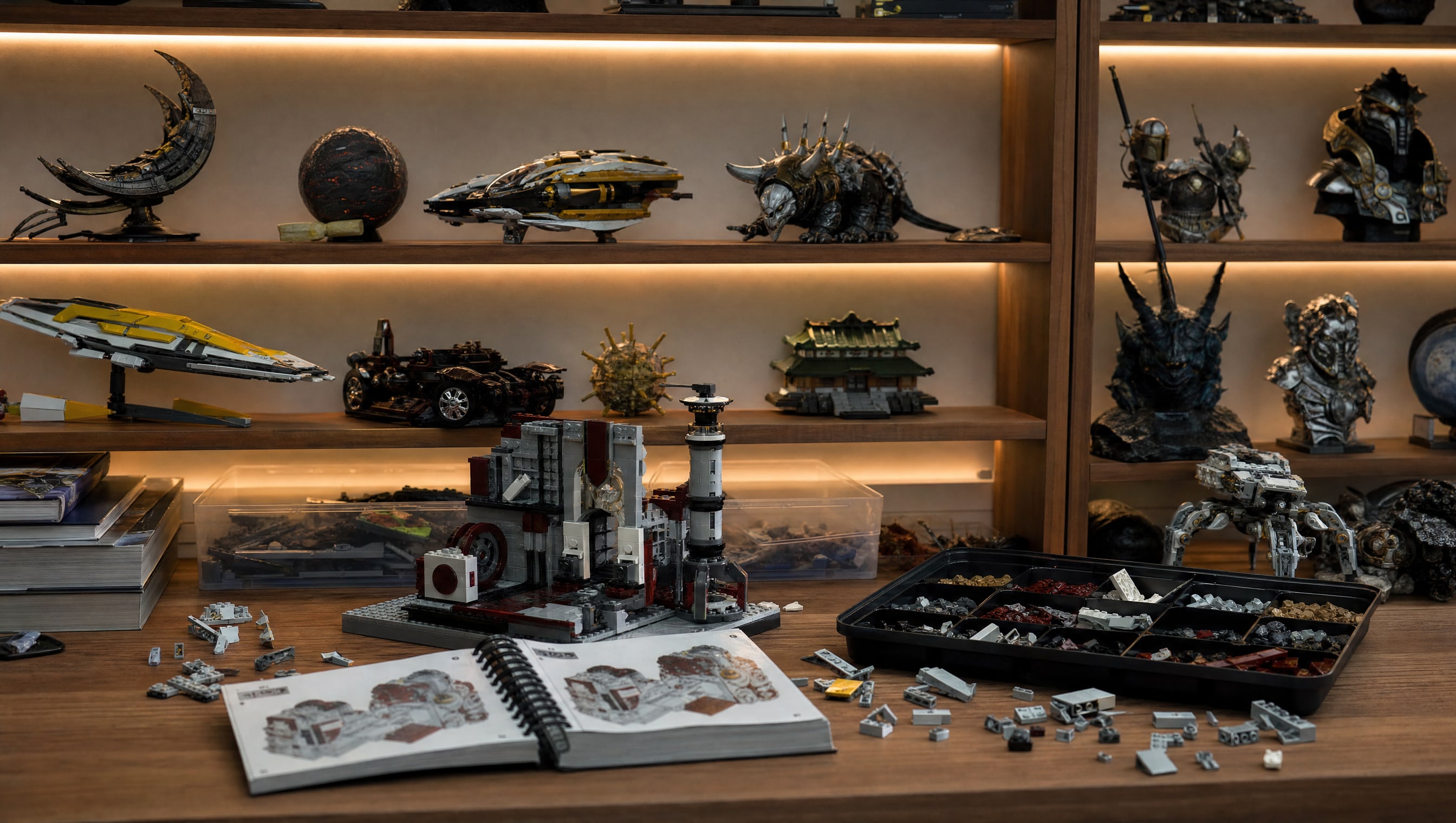 A half-built invented brick set beside its open instruction book and a sorted parts tray.