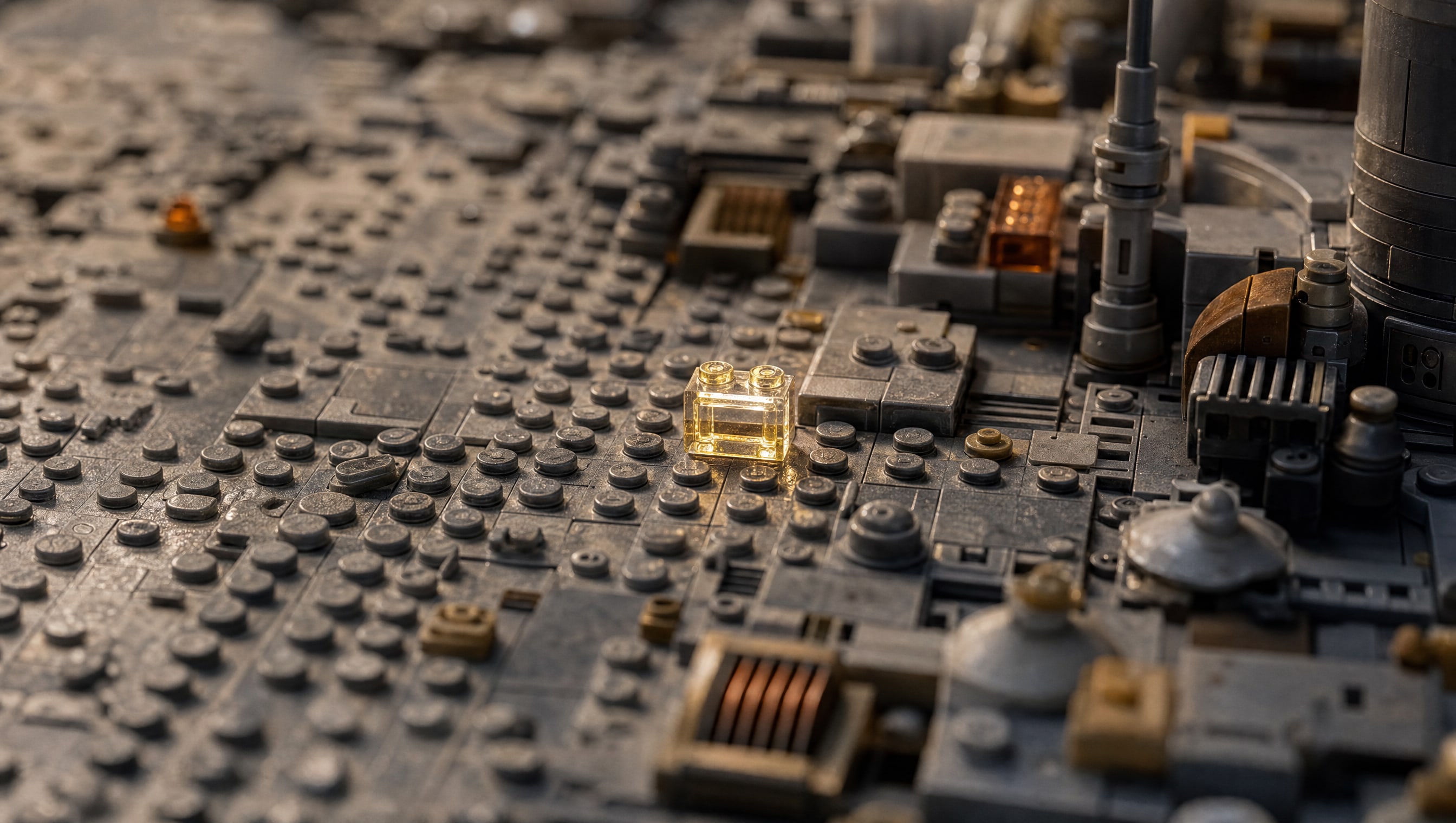 Extreme macro across a field of studs, one transparent brick catching the light.