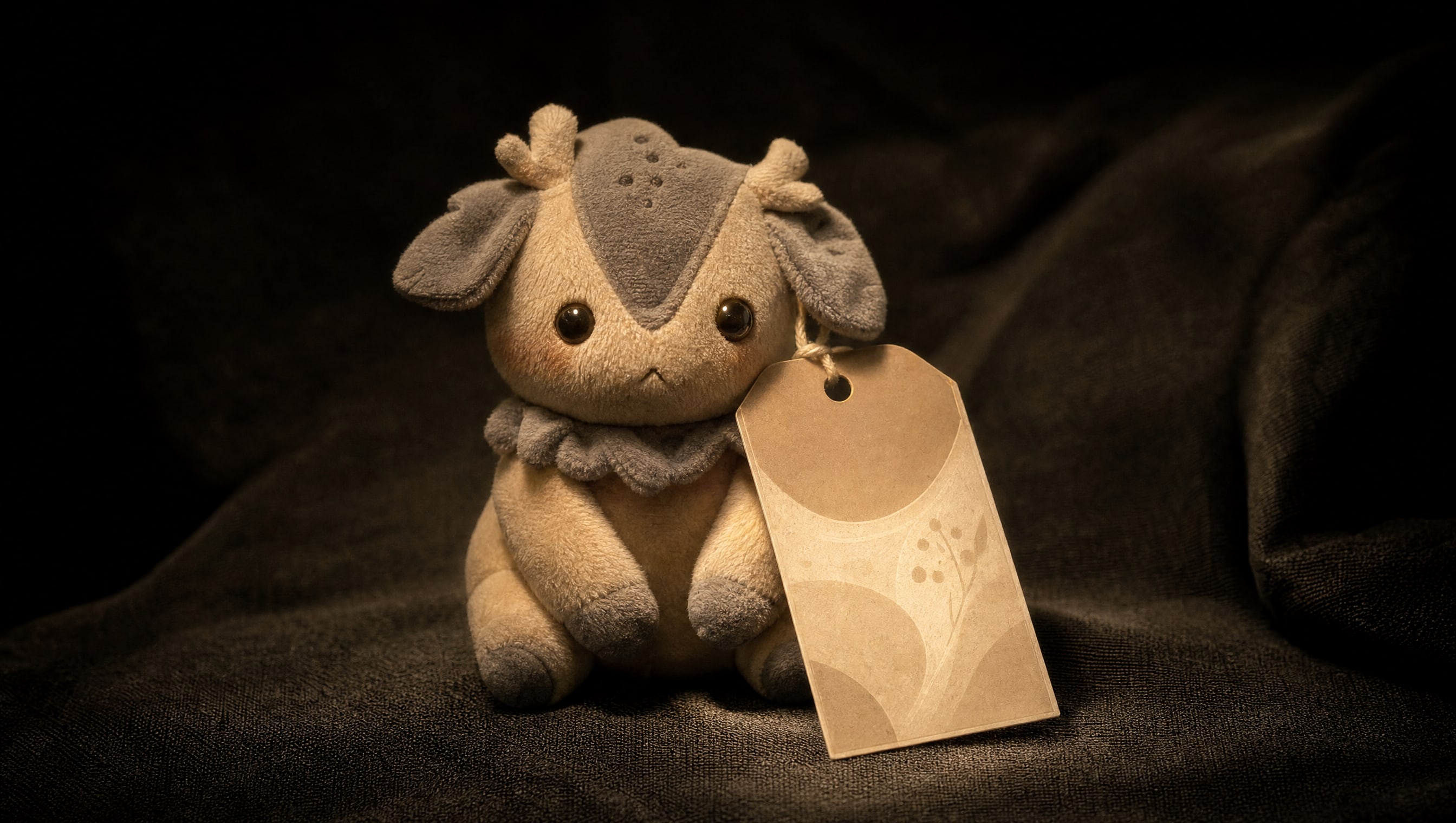 One limited plush with an oversized swing tag, shot shallow against dark cloth.