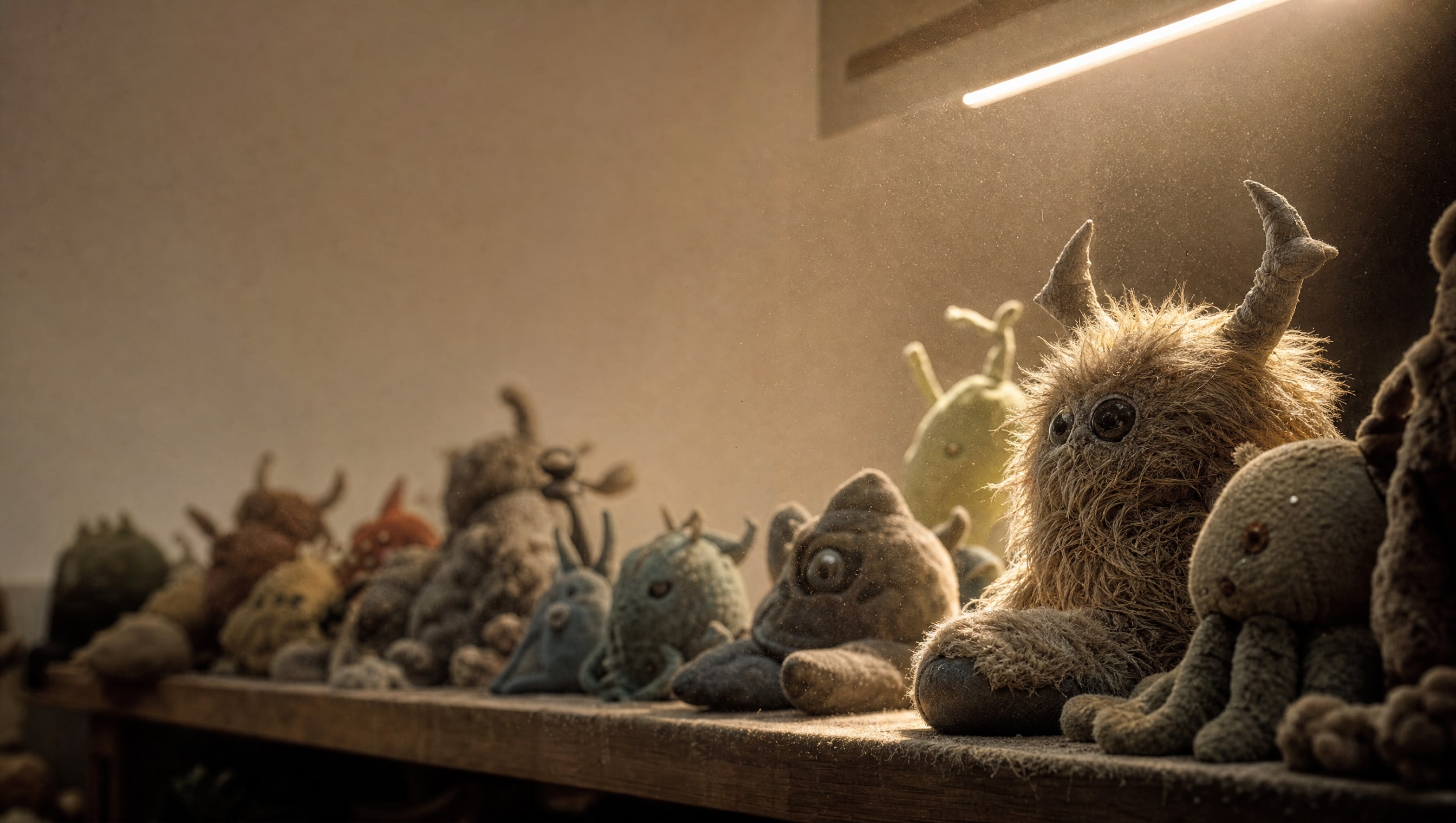 A shelf of plush in raking light, dust visible in the beam, the cream wall quiet above them.