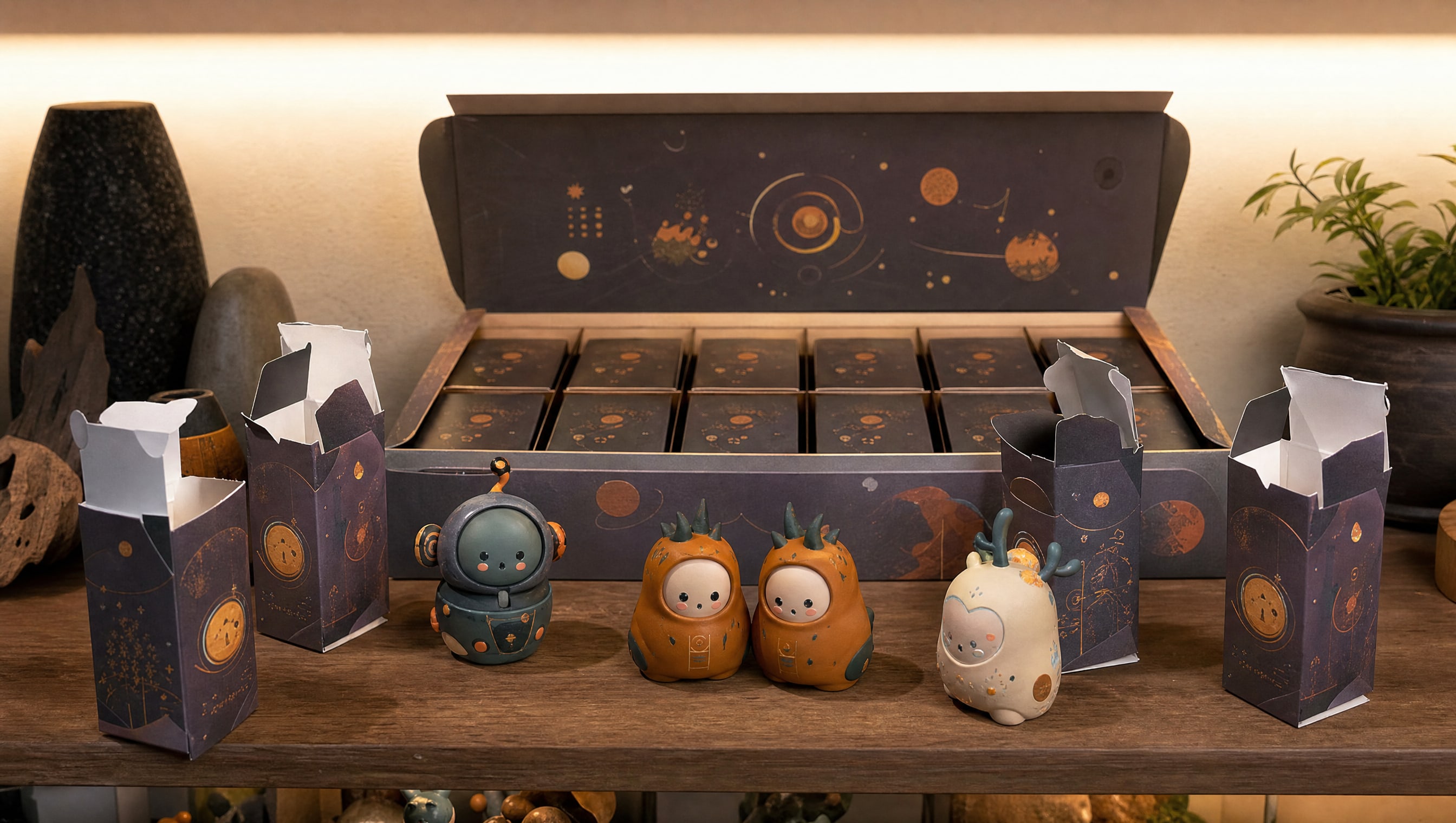 A sealed case tray opened on a lit shelf with its twelve boxes standing in place, and beside it a loose scatter of singles with two obvious duplicates.