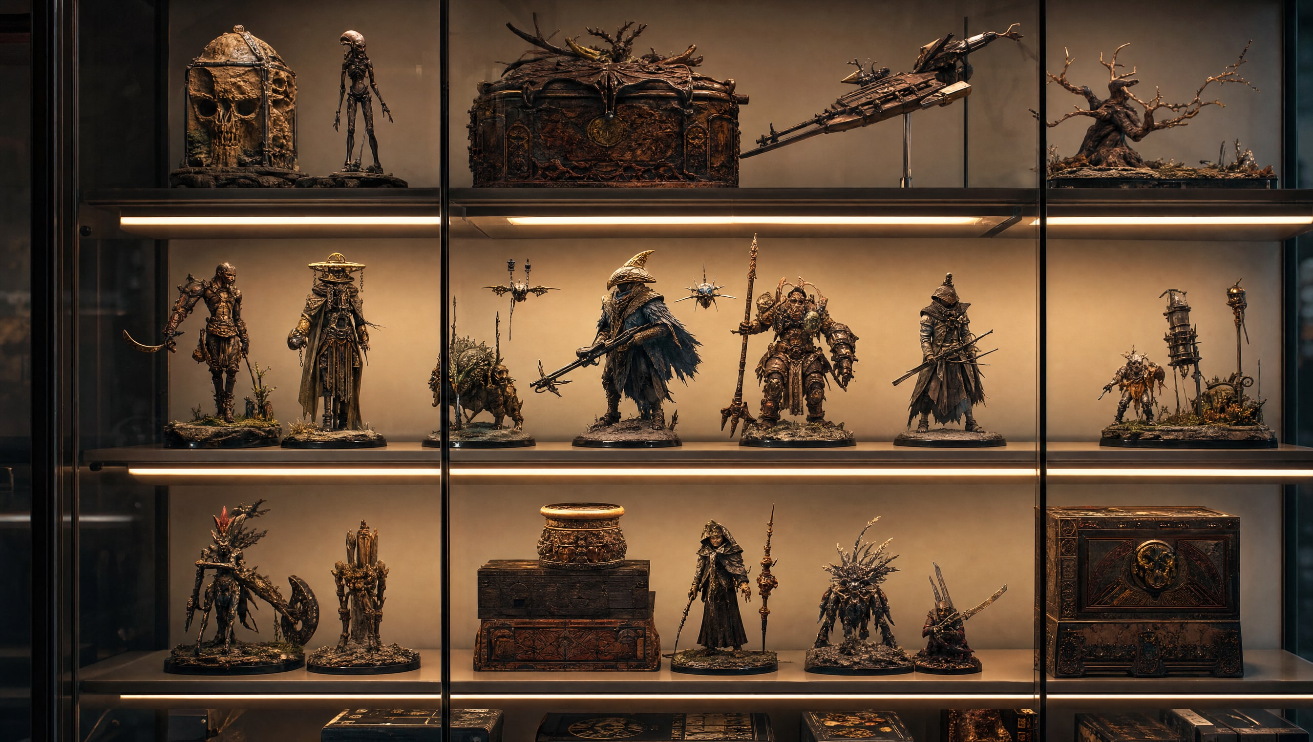 A sealed display case with a warm high-CRI LED channel recessed under each deck, invented figures standing evenly lit below it.