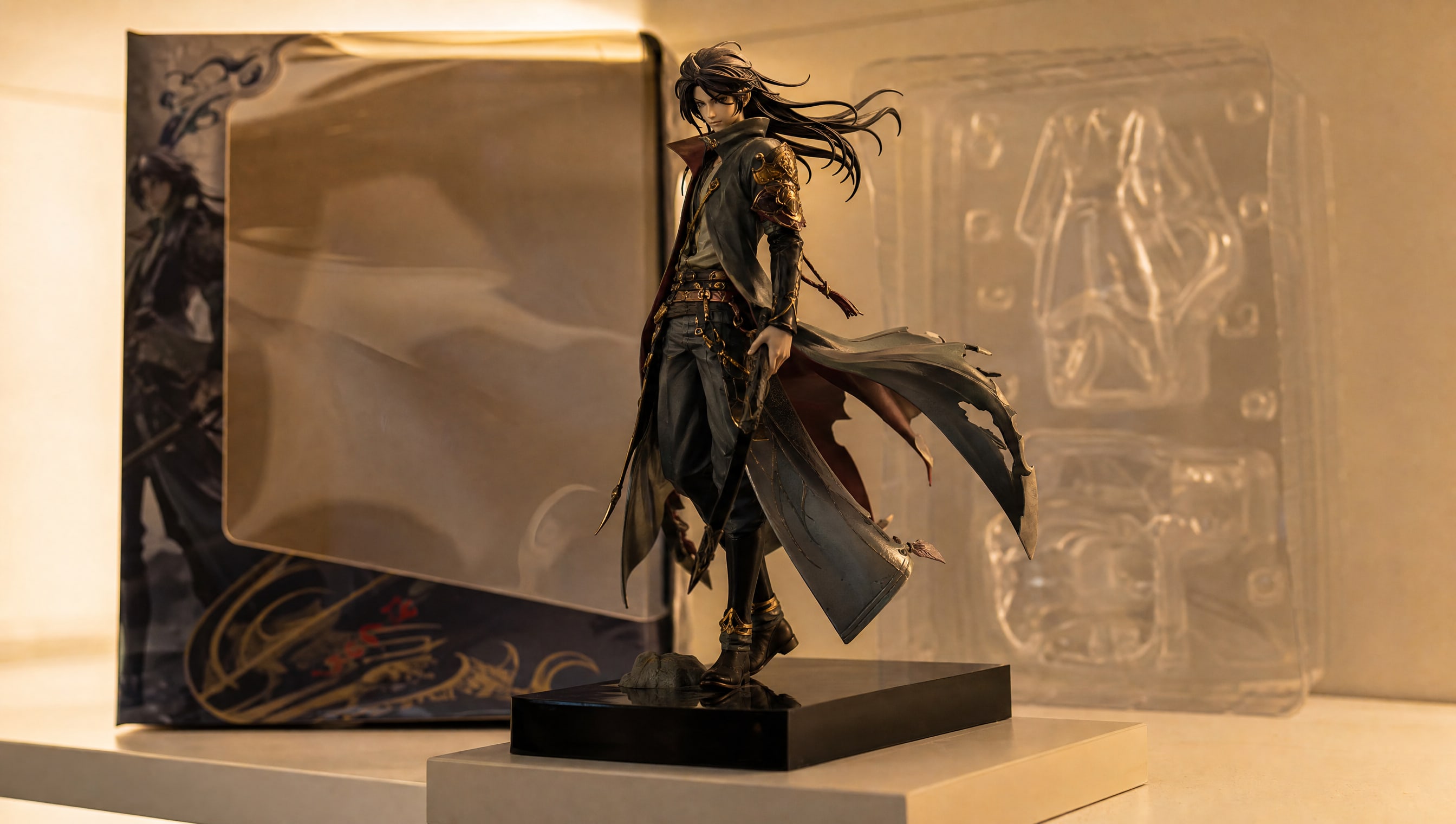 An invented 1/7 scale anime figure lit on a lacquered riser beside its open box and packing tray, warm LED light raking across the paintwork.