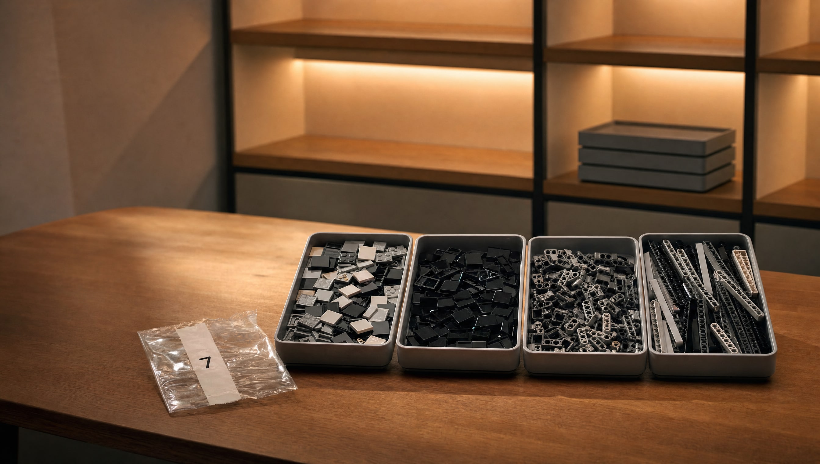 A numbered bag emptied into shallow sorting trays, sorted by shape, under warm shelf light.