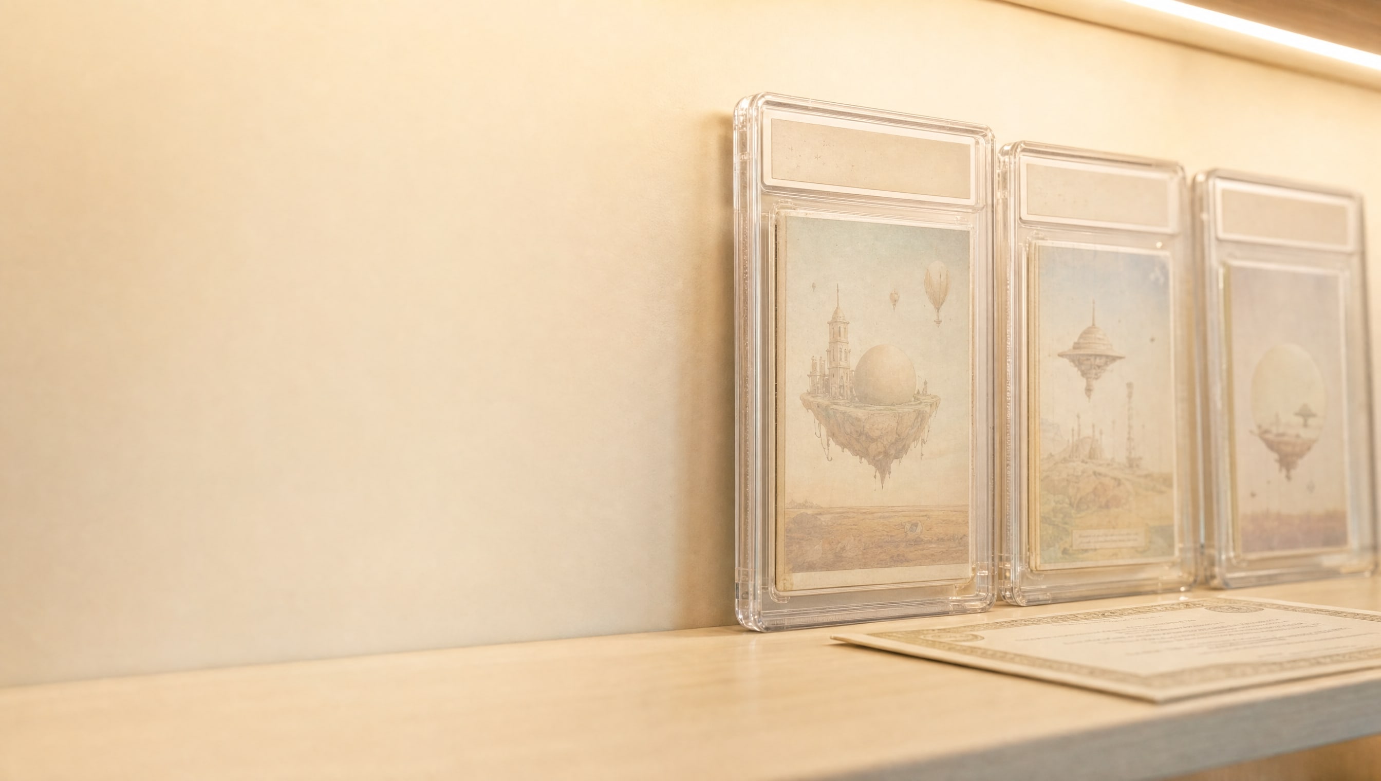 Three sealed graded holders standing in a row on a shelf, a folded certificate lying beside the nearest.