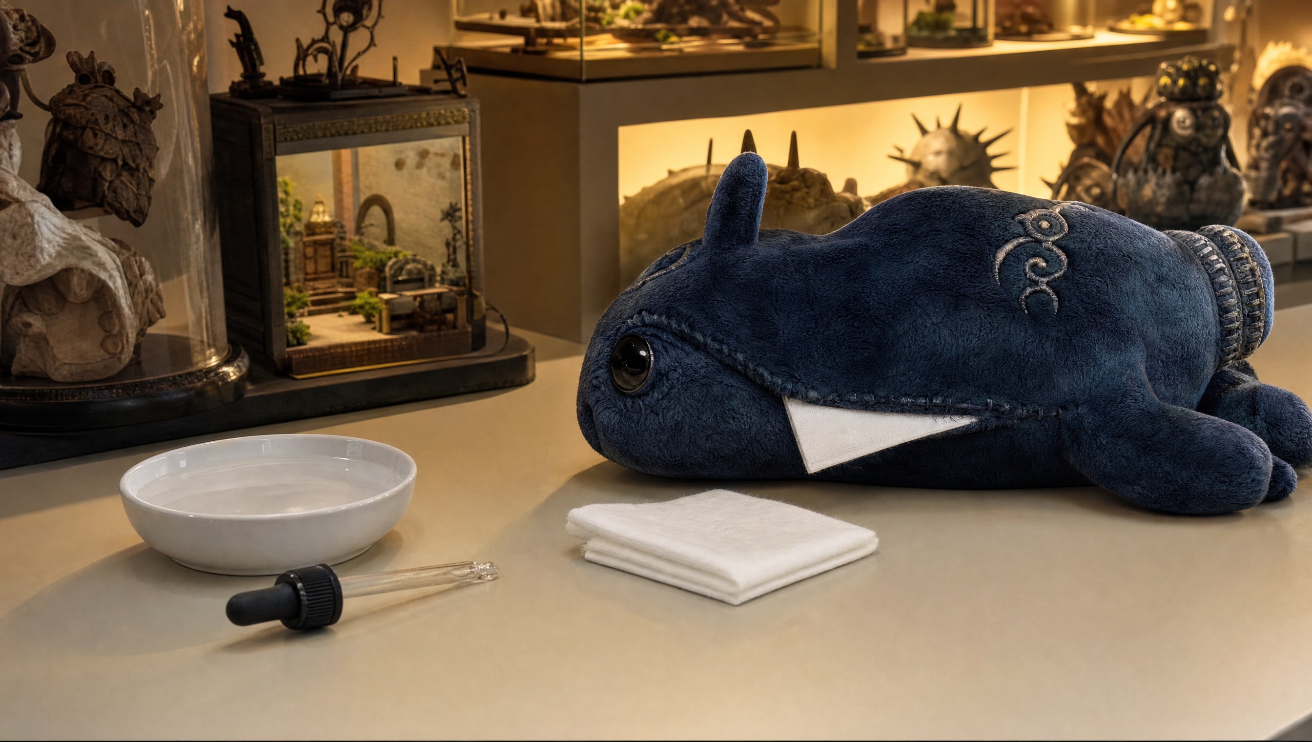 A folded square of white cotton held against the hidden back seam of a deep indigo plush, a dish of water and a glass dropper beside it.