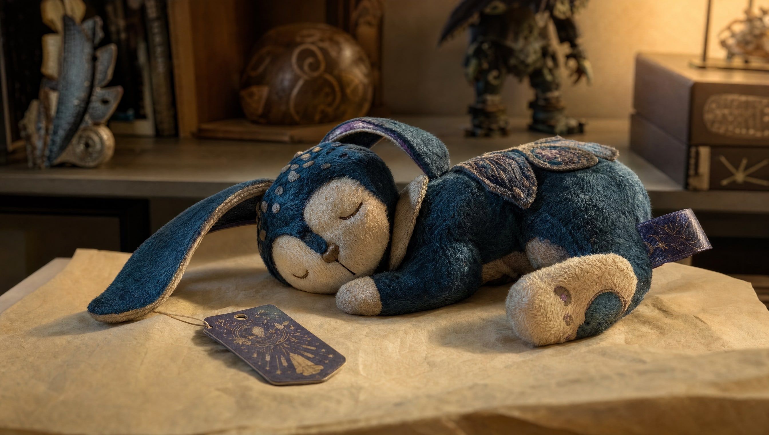 A licensed plush lying on cream paper with its swing tag turned face up beside it, warm light across the satin.