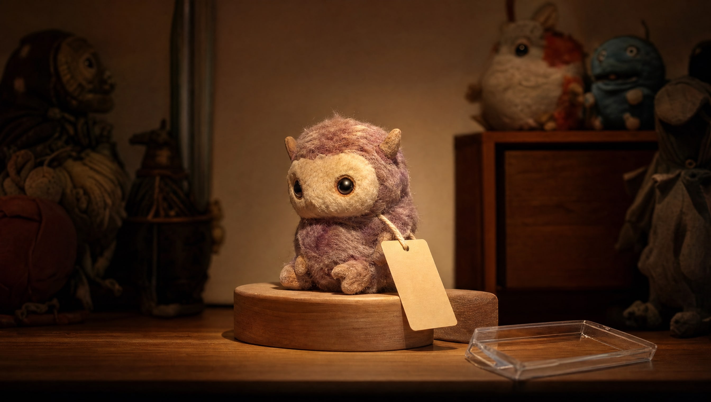 One limited plush alone on a riser under a spot, its swing tag hanging free beside a rigid protector.