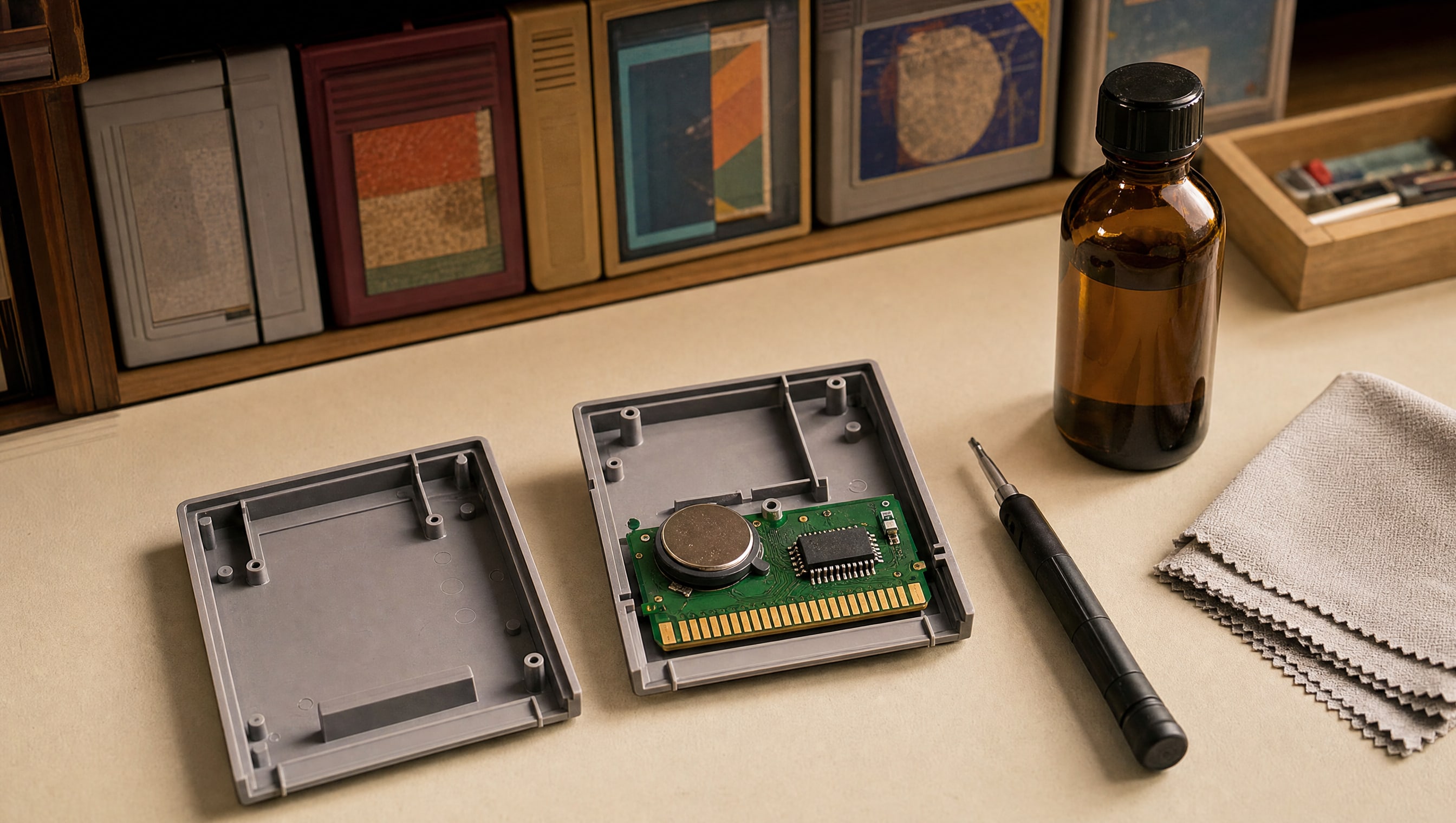 An invented cartridge opened on a bench beside a security bit, a lint-free cloth and a small bottle of isopropanol.