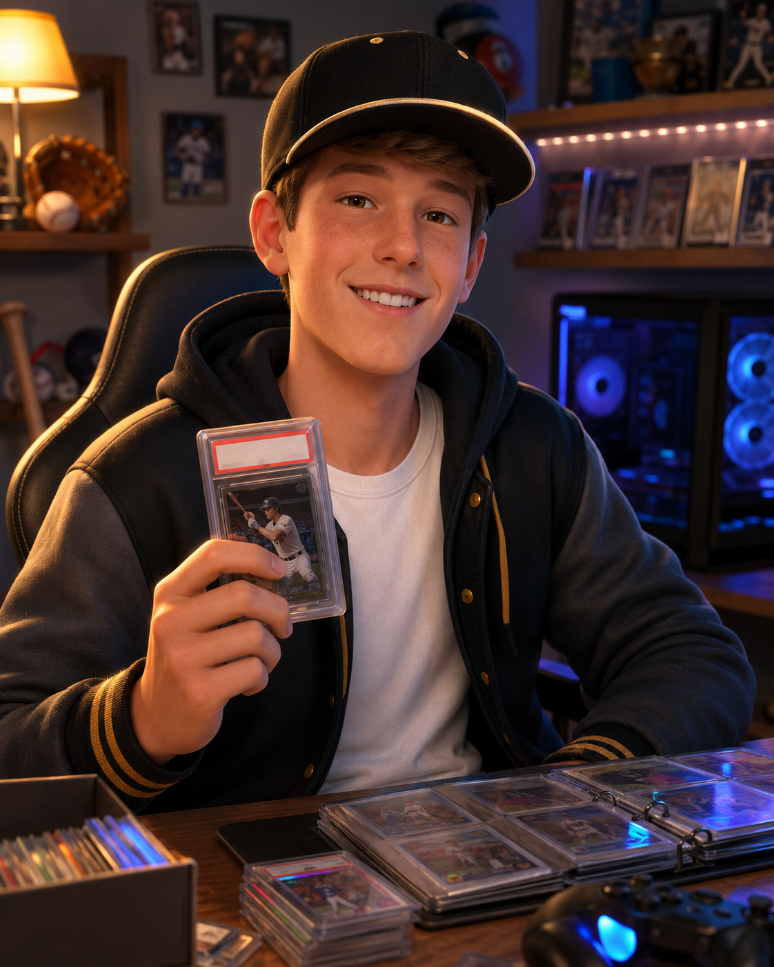 Portrait of Ian holding a graded card in his collection room