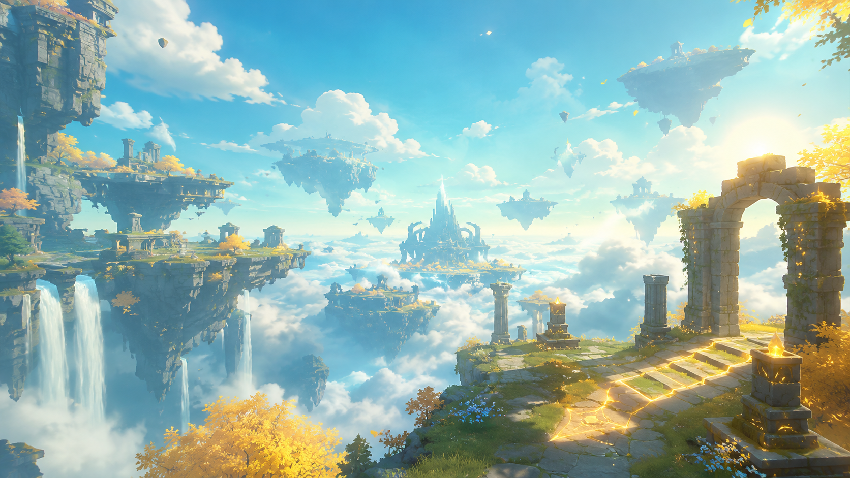 Floating stone islands and a distant citadel above a sea of clouds