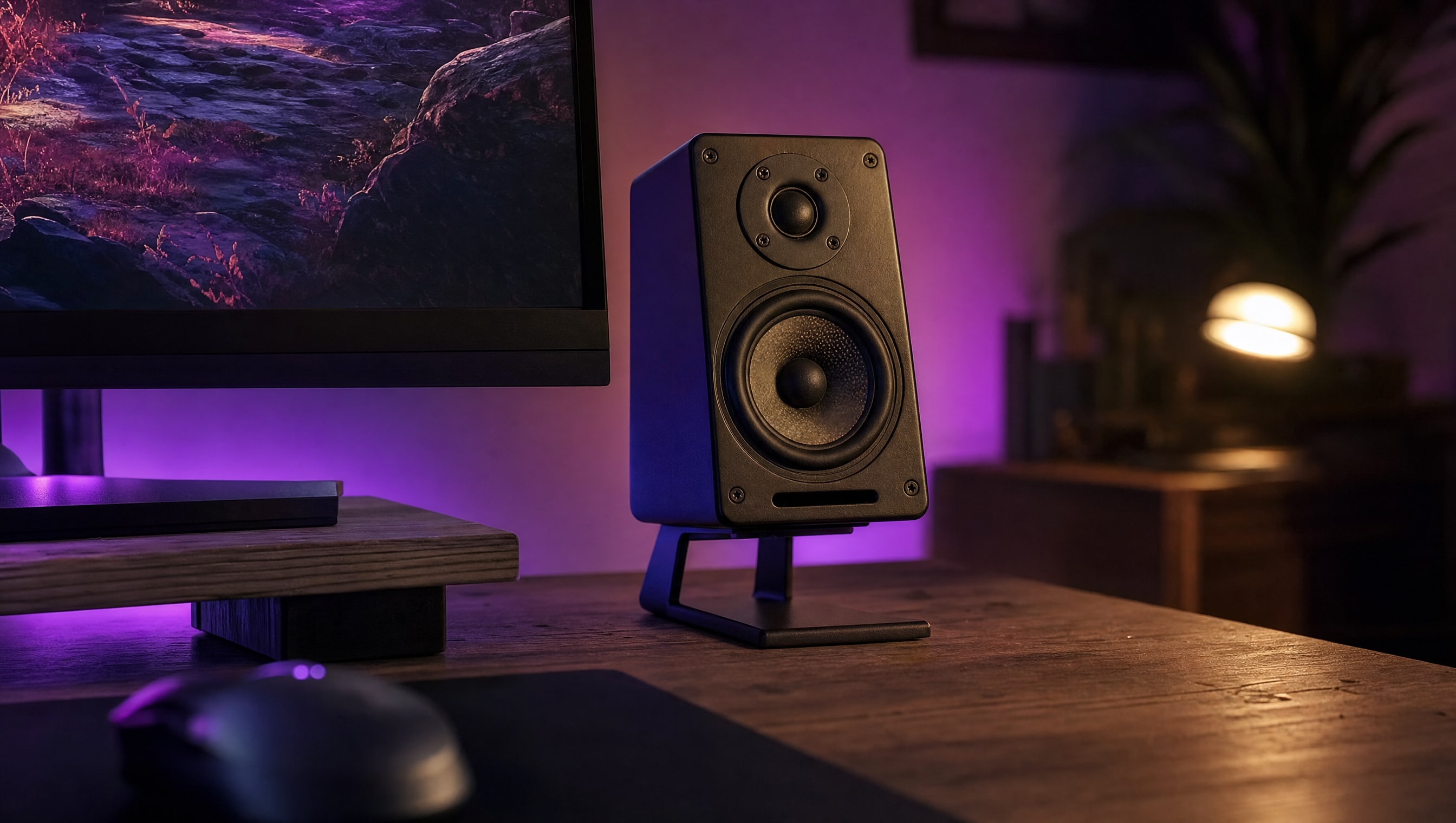 A small desktop speaker on a stand beside a monitor base, woofer cone lit from one side.