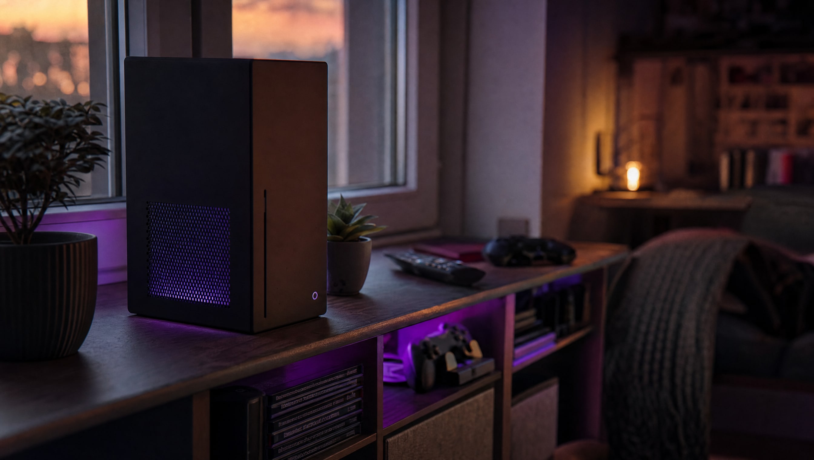 An upright matte console box on a shelf under a dusk window, its vent grille glowing faintly violet.