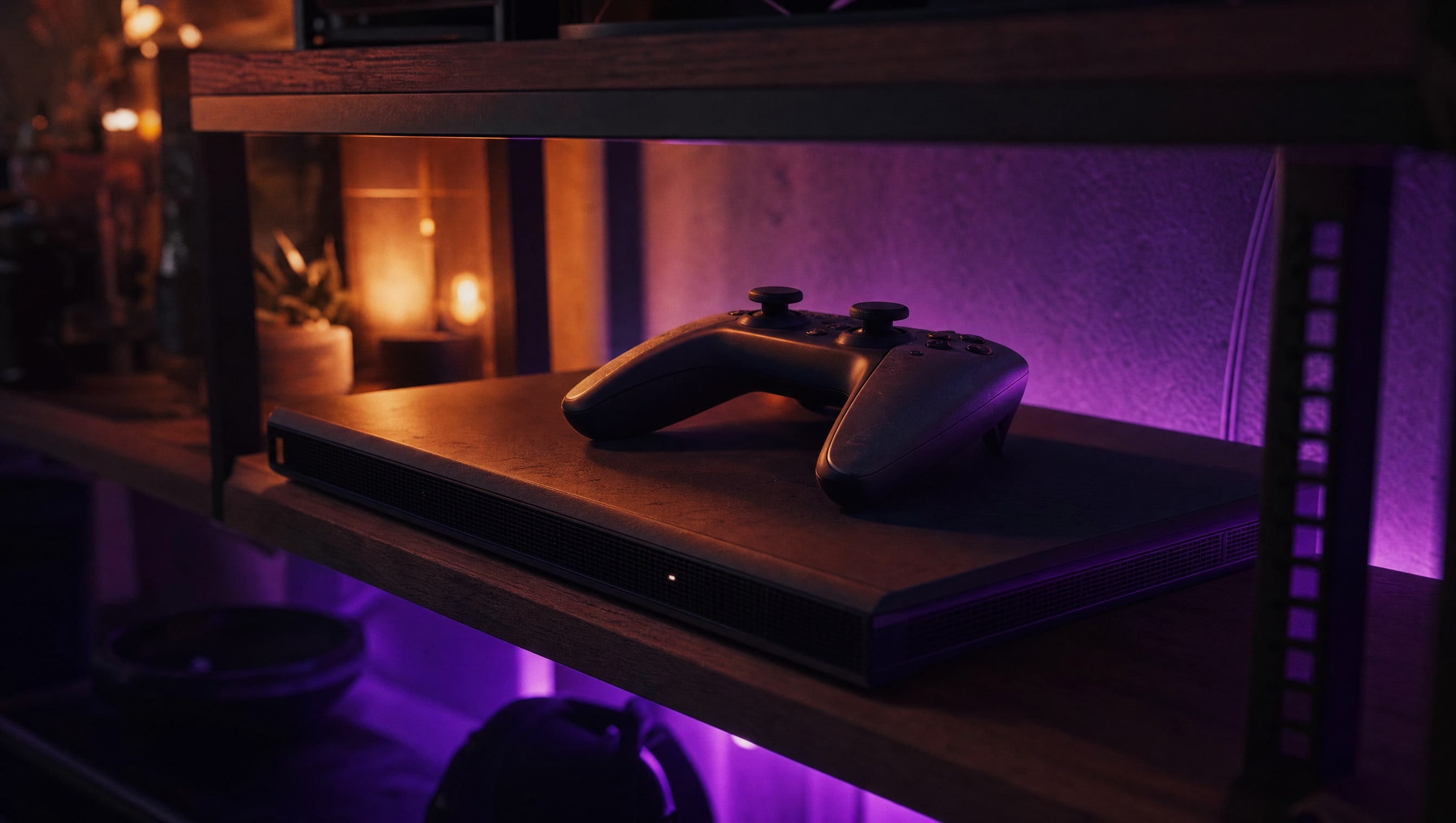 A flat matte console lying horizontally on a shelf with a controller resting on its lid.