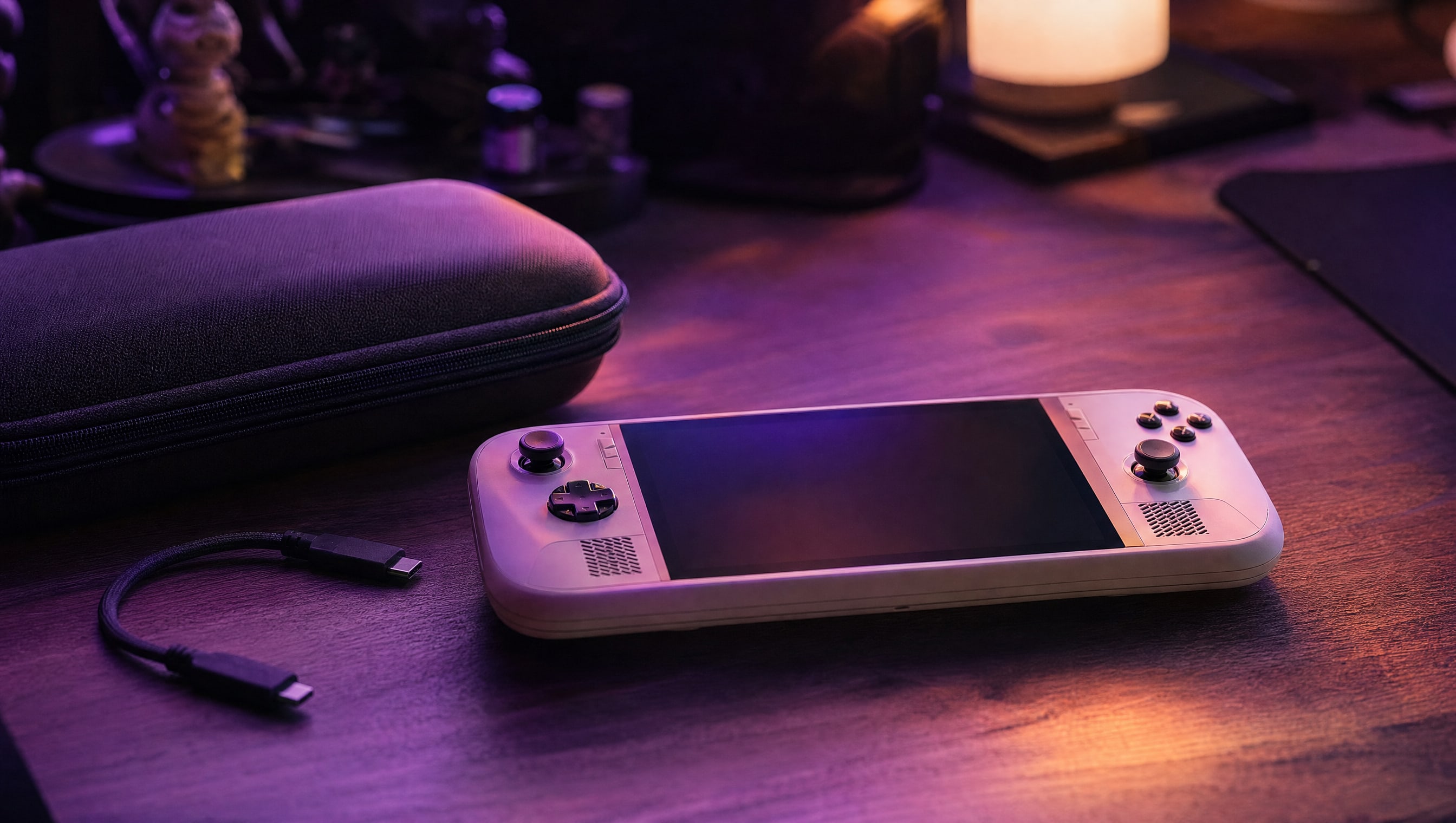 A handheld console lying on a desk beside a travel case and a short charging cable.