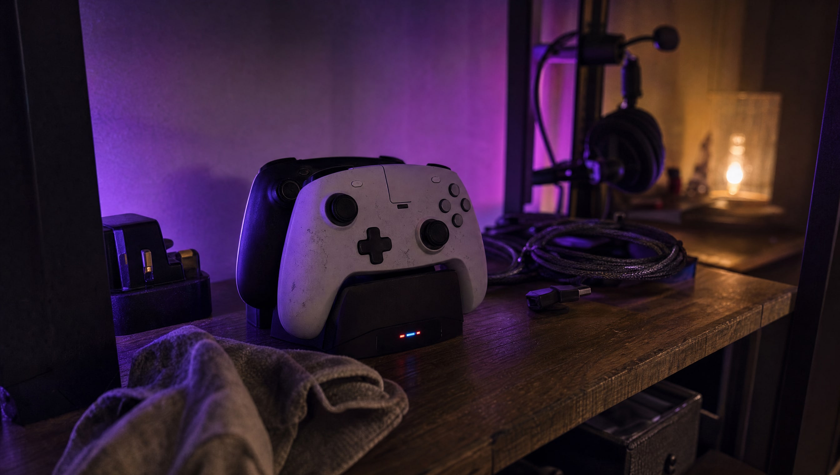 A shelf at night: controllers, a charging dock, coiled cables and a soft cloth.