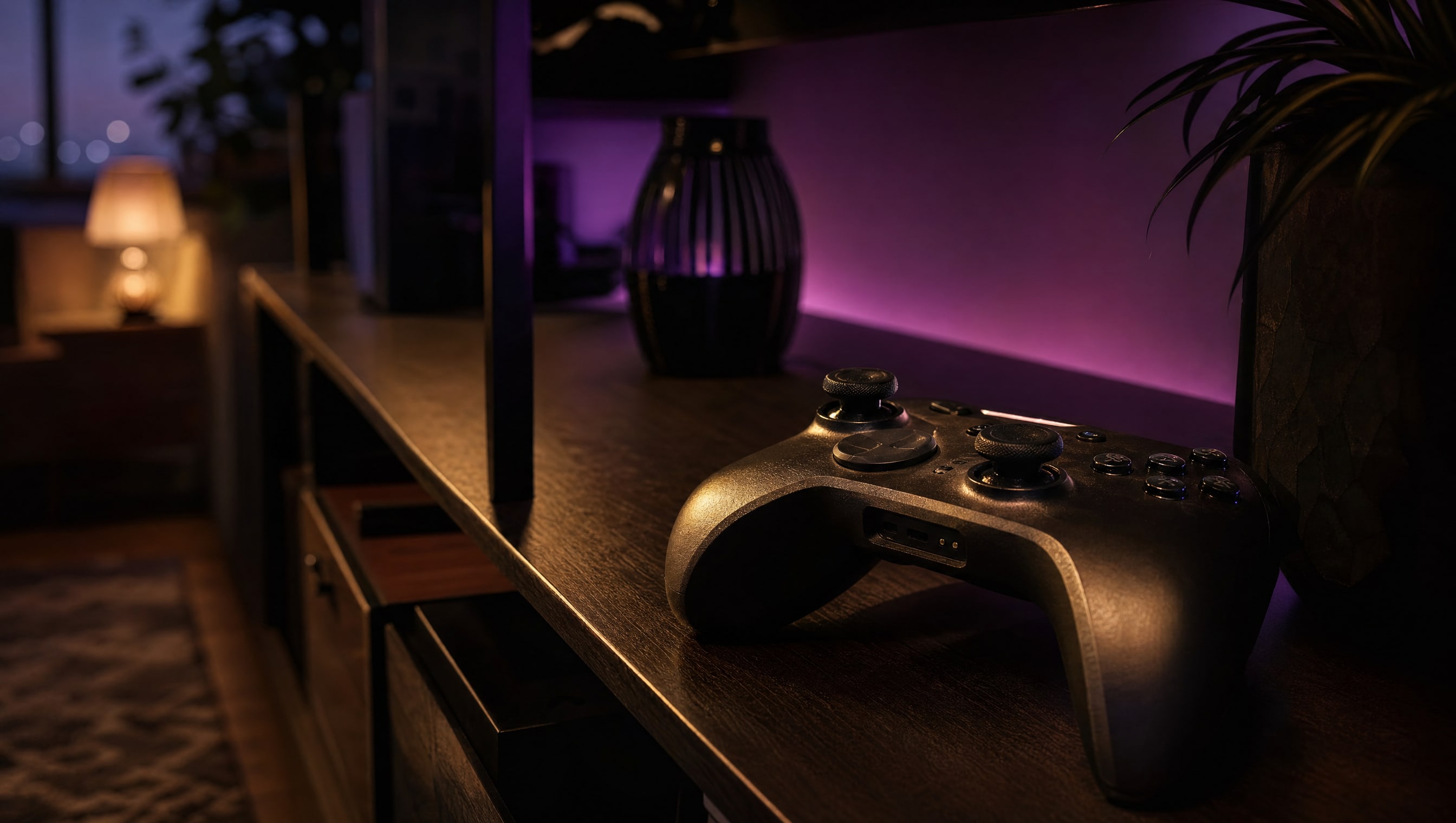 A game controller resting face up on a dark shelf, grips and stick collars catching warm light.