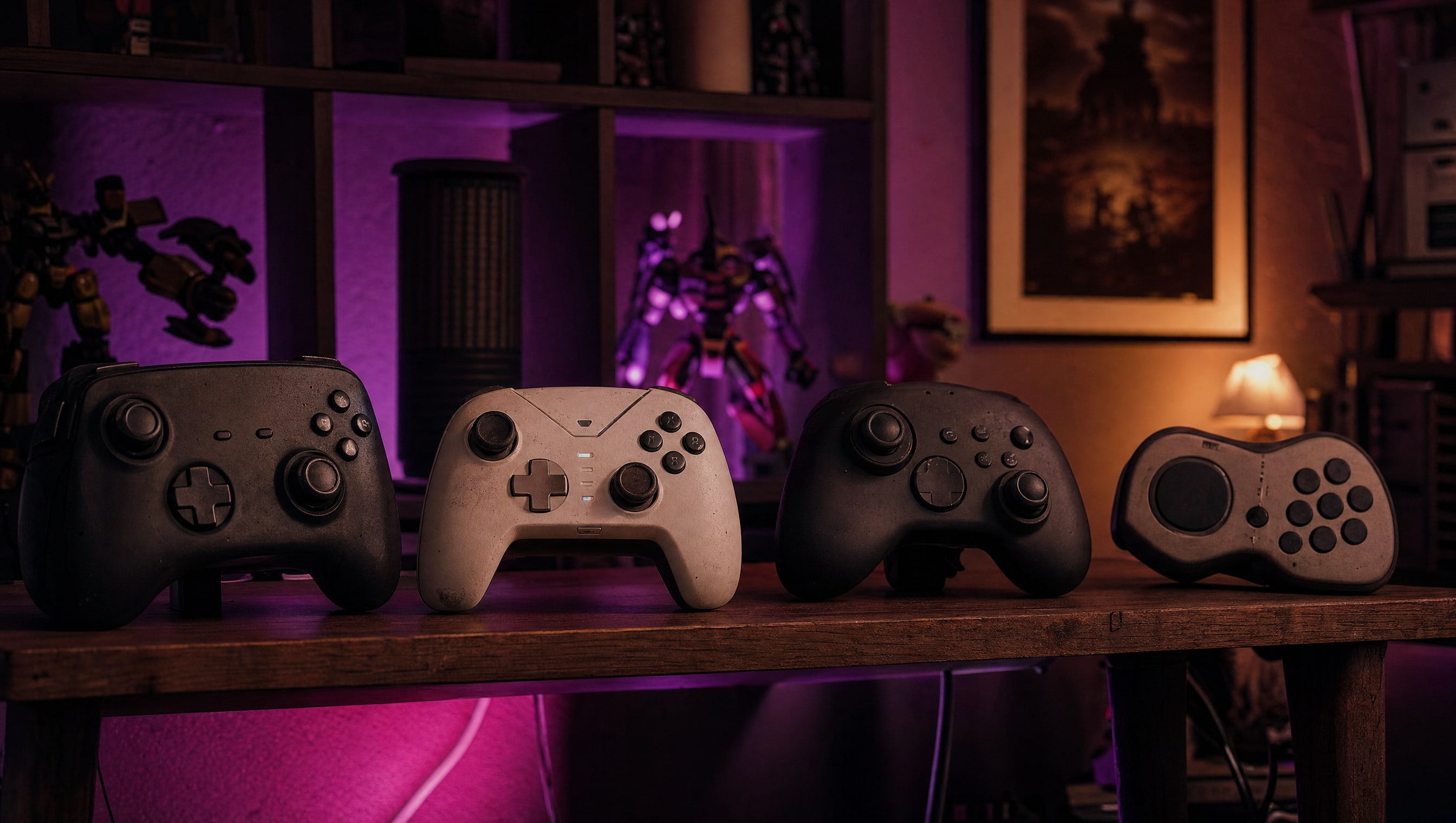 Four controllers of different shapes and sizes arranged in a row on a shelf.