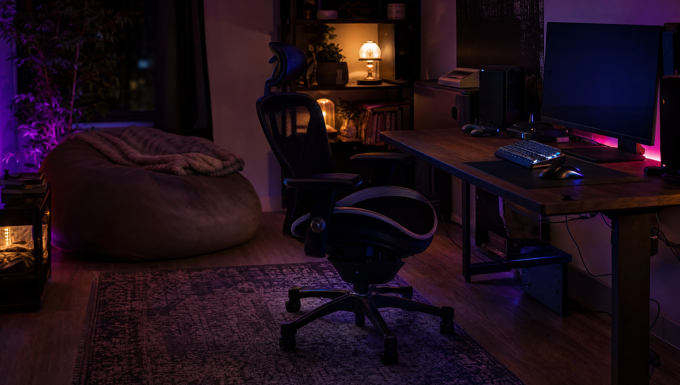 A room at night: desk, chair, rug and lamp, the whole working corner in one frame.