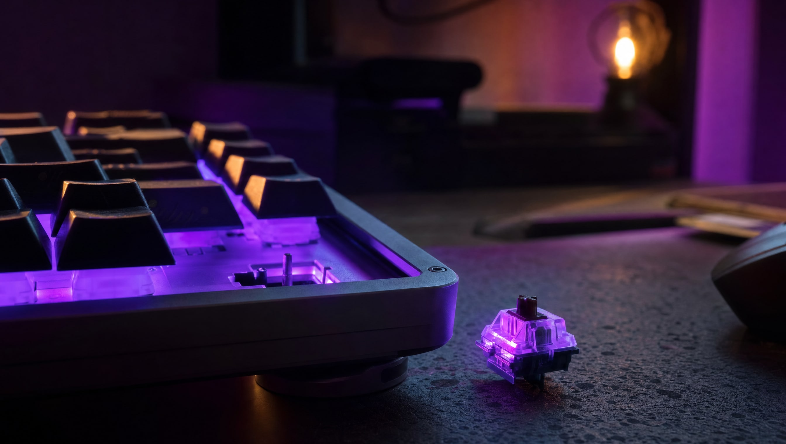 A single mechanical switch standing beside an open hot-swap socket, translucent housing lit from behind.