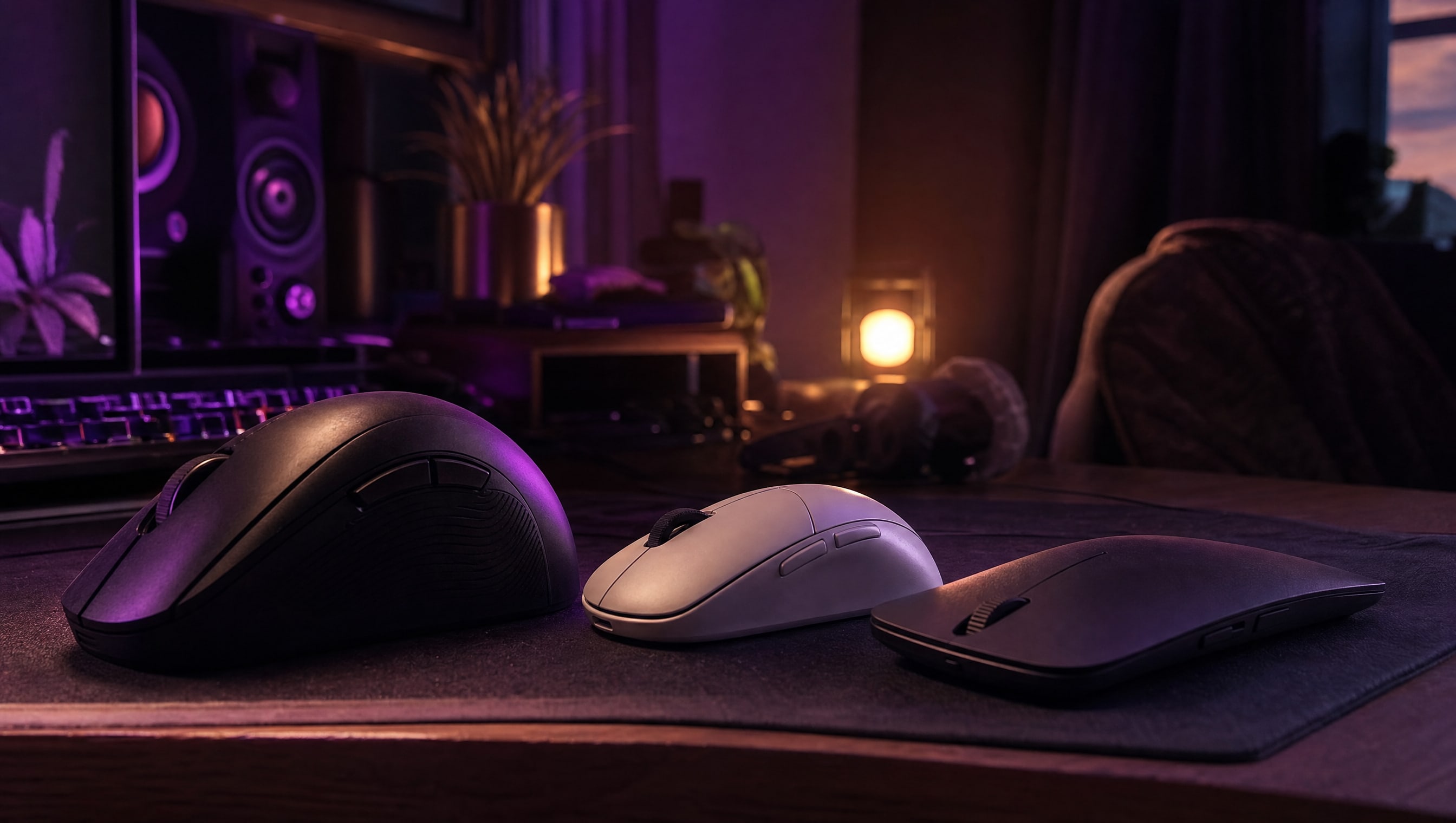 Three mice of visibly different shapes lined up, one tall and humped, one flat and long.