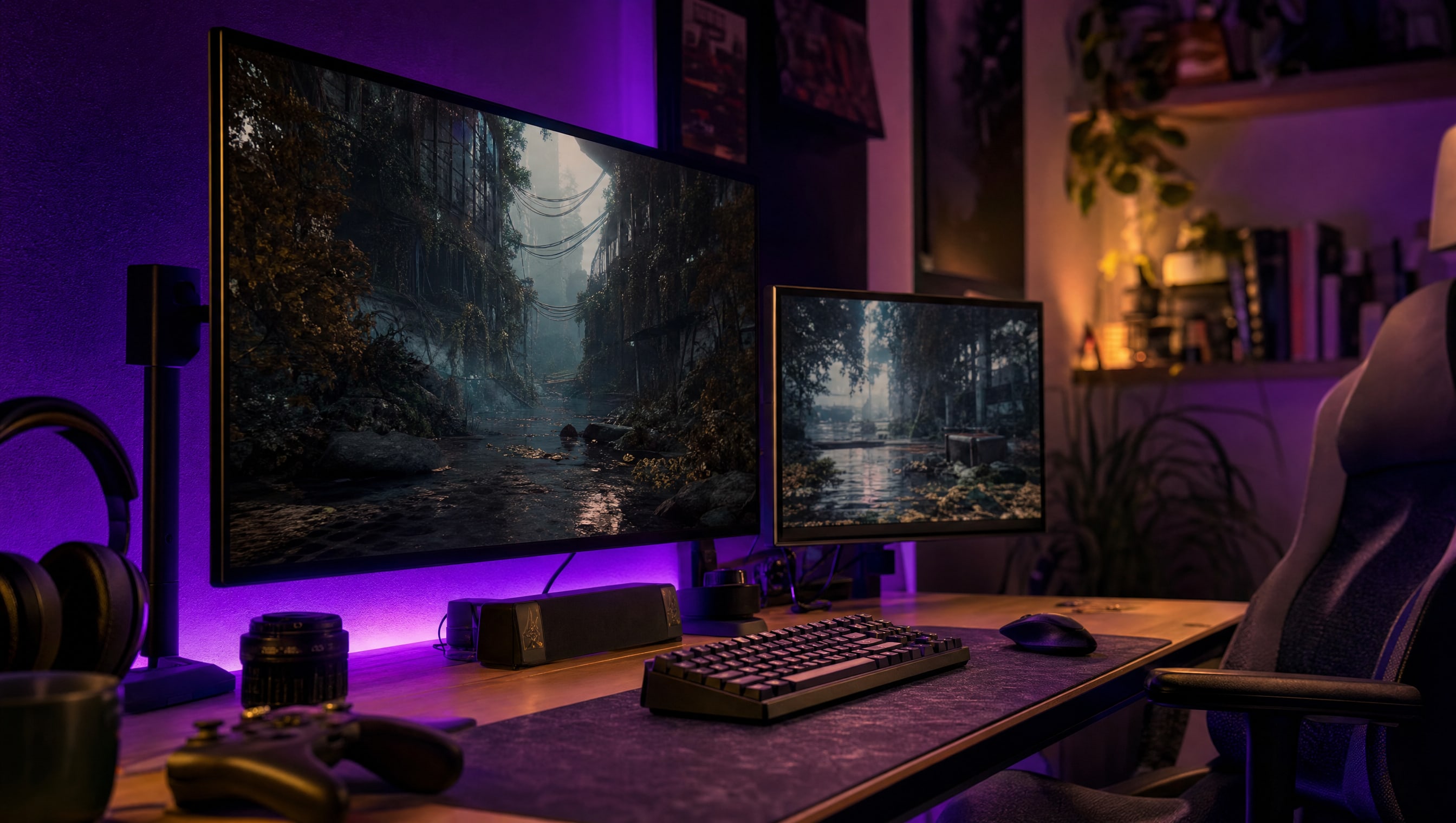 Two monitors of different sizes side by side on a desk, the size difference obvious.
