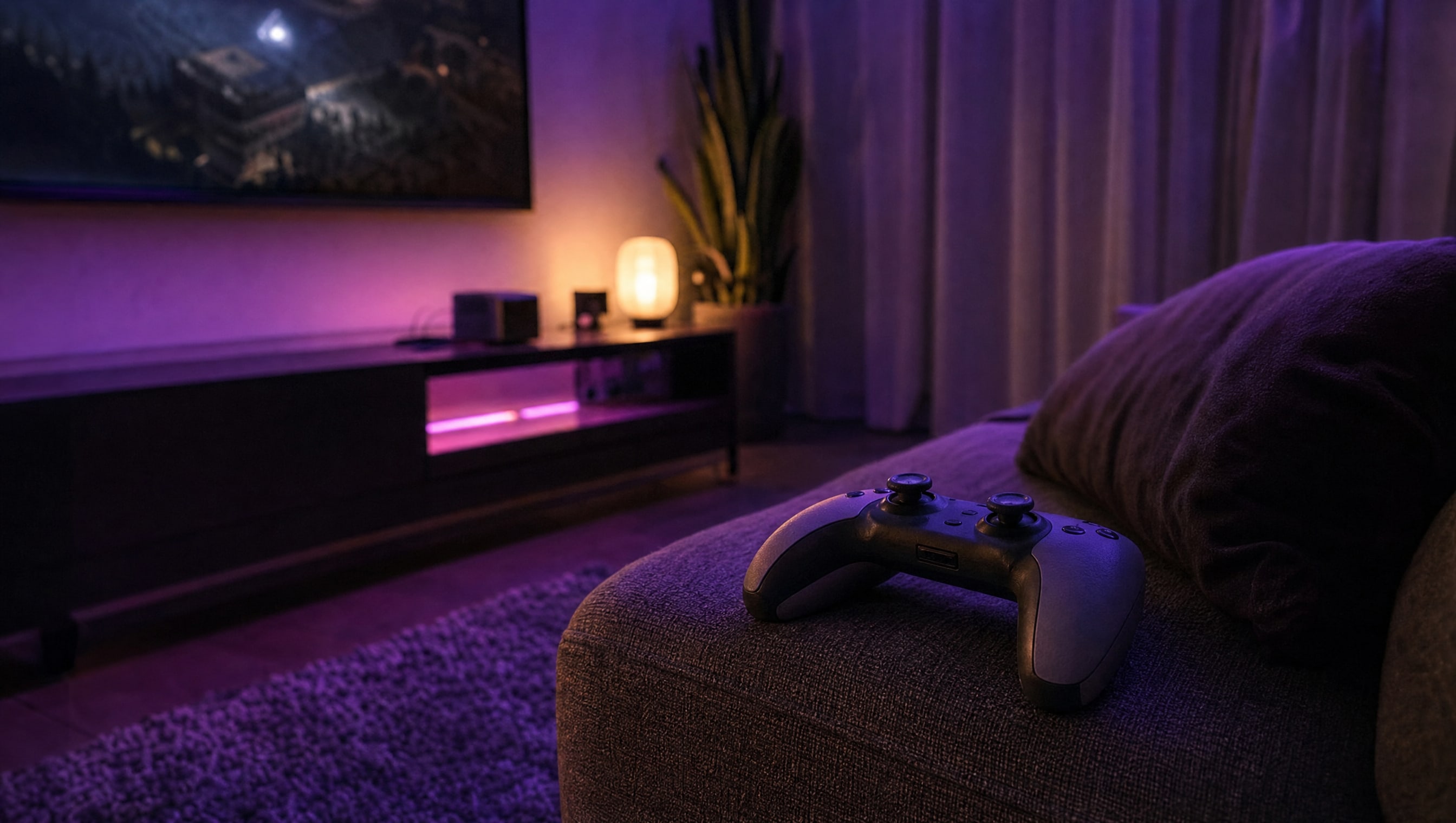 A living room at night: a television on a wall, a media unit beneath, a pad on the sofa.