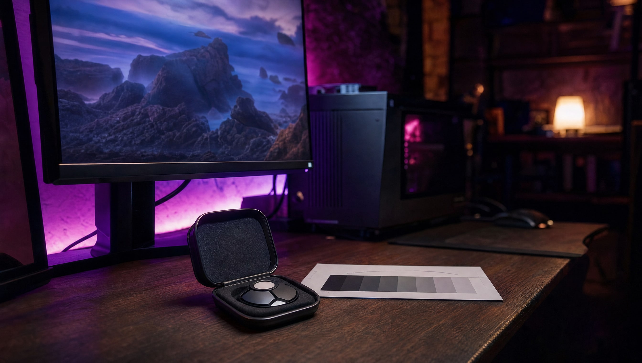 A desk at night: a monitor, a calibration puck in its case, and a printed grey step card.