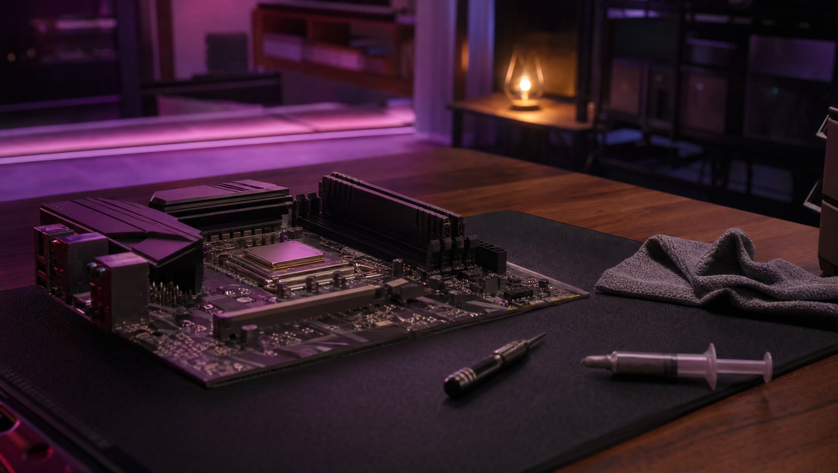A bench at night: an open motherboard, a screwdriver, a paste syringe and a cloth.