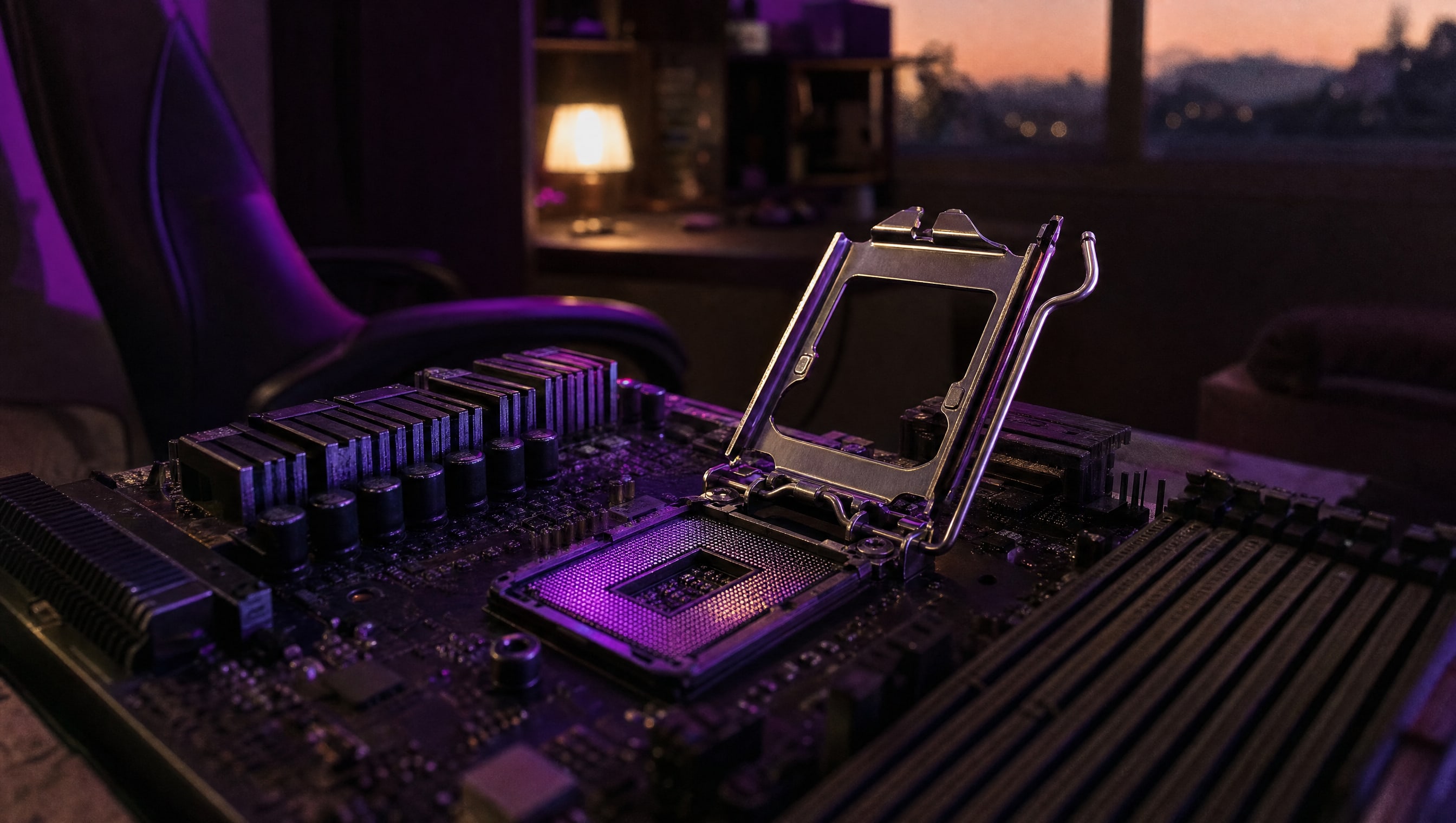 A motherboard CPU socket open on a bench, its retention arm raised, pin array catching violet light.