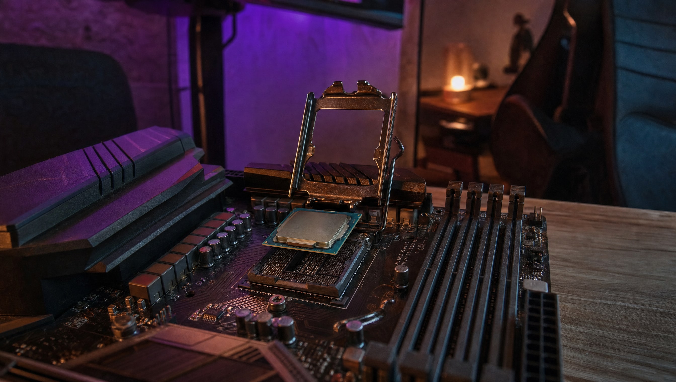 A processor held just above its open socket, the alignment notch visible at one corner.