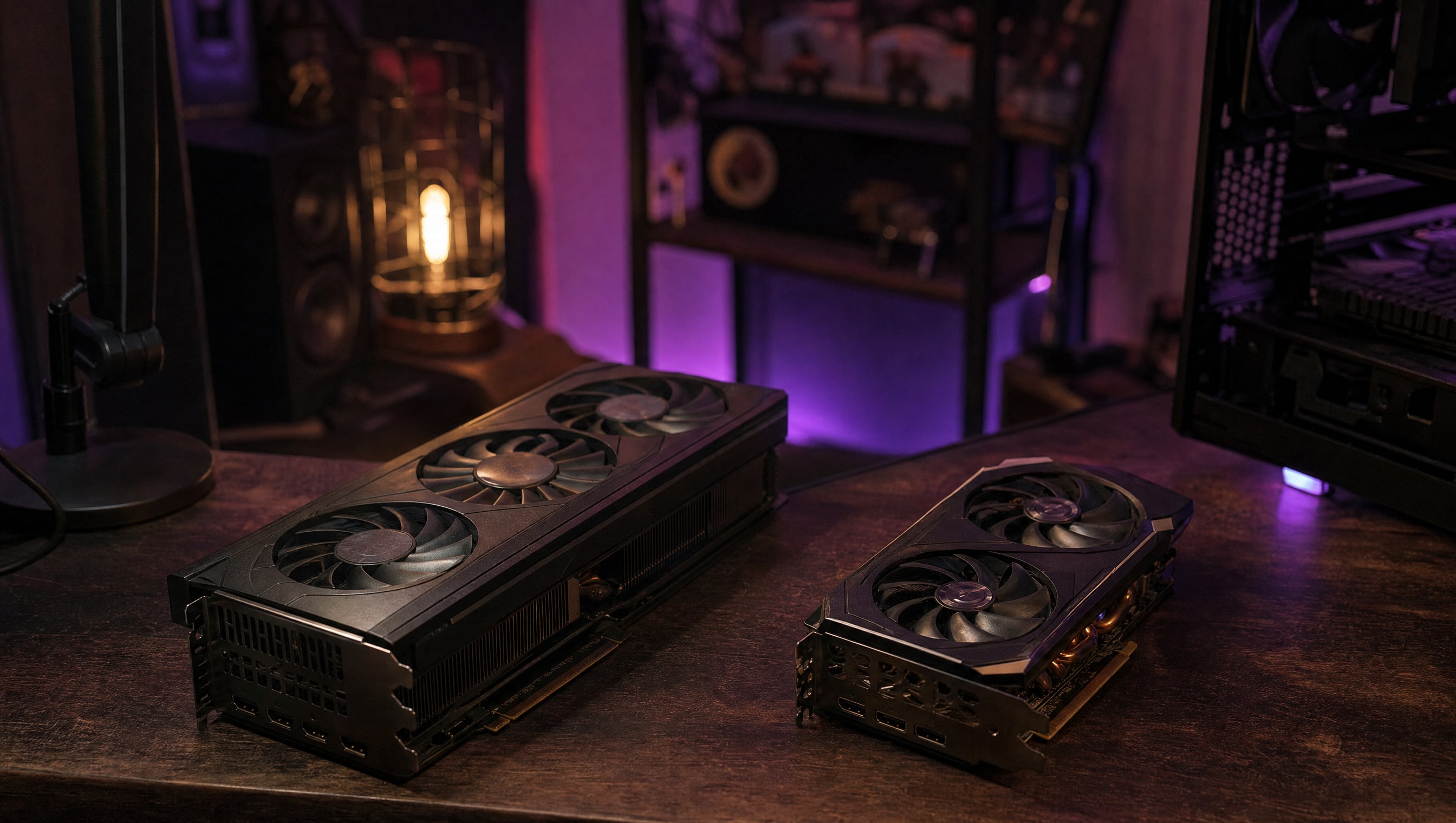 Two graphics cards side by side on a desk, one visibly longer and thicker.